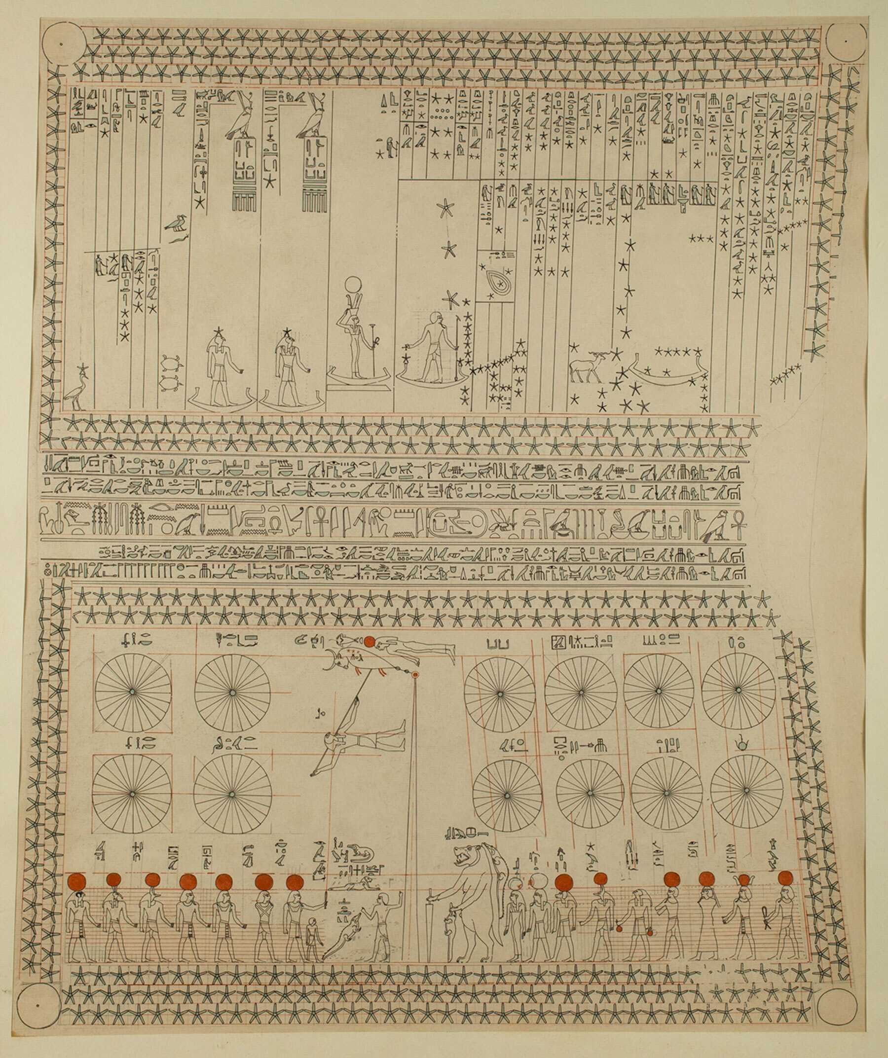 A guide with hieroglyphics and other drawings, objects, and information on a tan background.