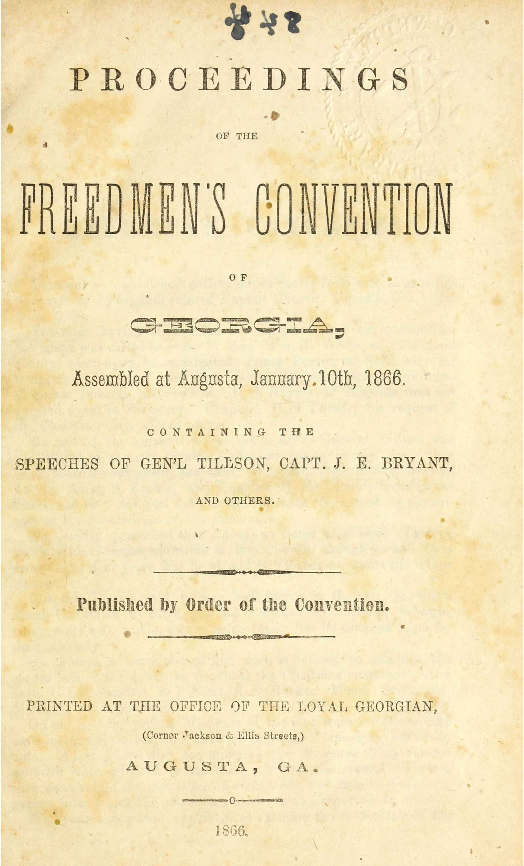 A slightly spotted yellowed paper, titled with Proceeding of the Freedmen's Convention with formal typeface.