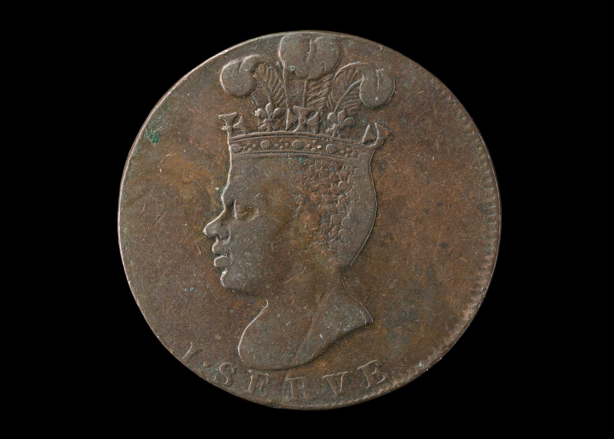 Barbados penny from 1788. One side of the coin shows an African figure in profile wearing a plumed crown with [I ∙ SERVE] at the bottom. The other side depicts a large pineapple. Around the border [BARBADOES [sic] ∙ PENNY ∙ 1788] is in raised relief. The coin is tarnished and shows wear.