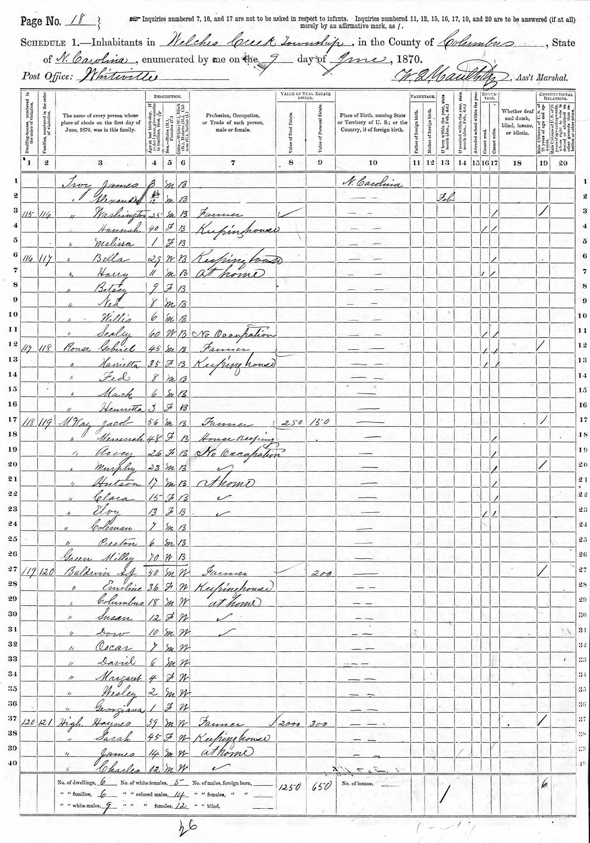 Image of census record that lists the McCoy family