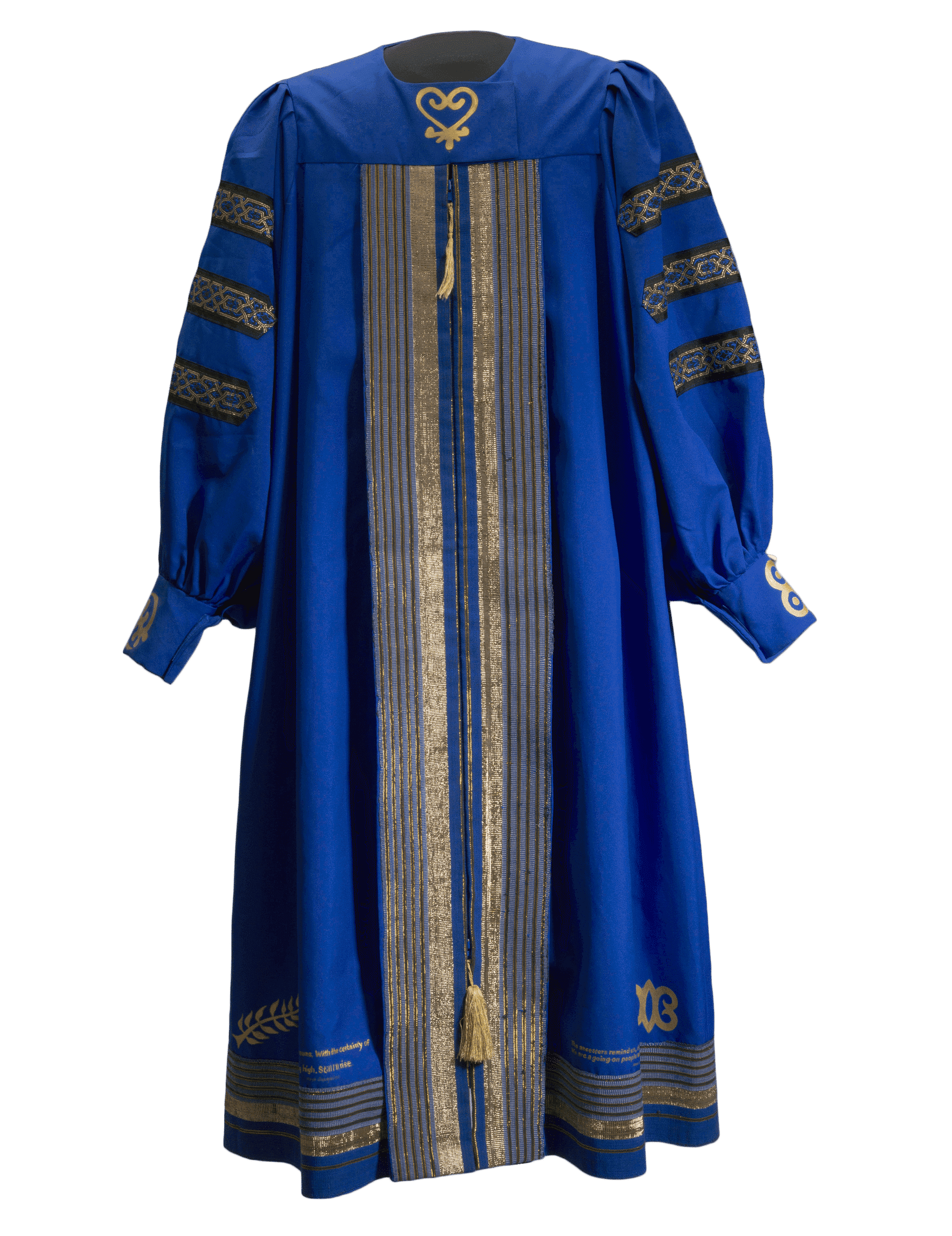 An academic robe in blue and gold from Bennett College worn by Dr. Johnnetta Betsch Cole with custom designs by Barbara Nicholson.