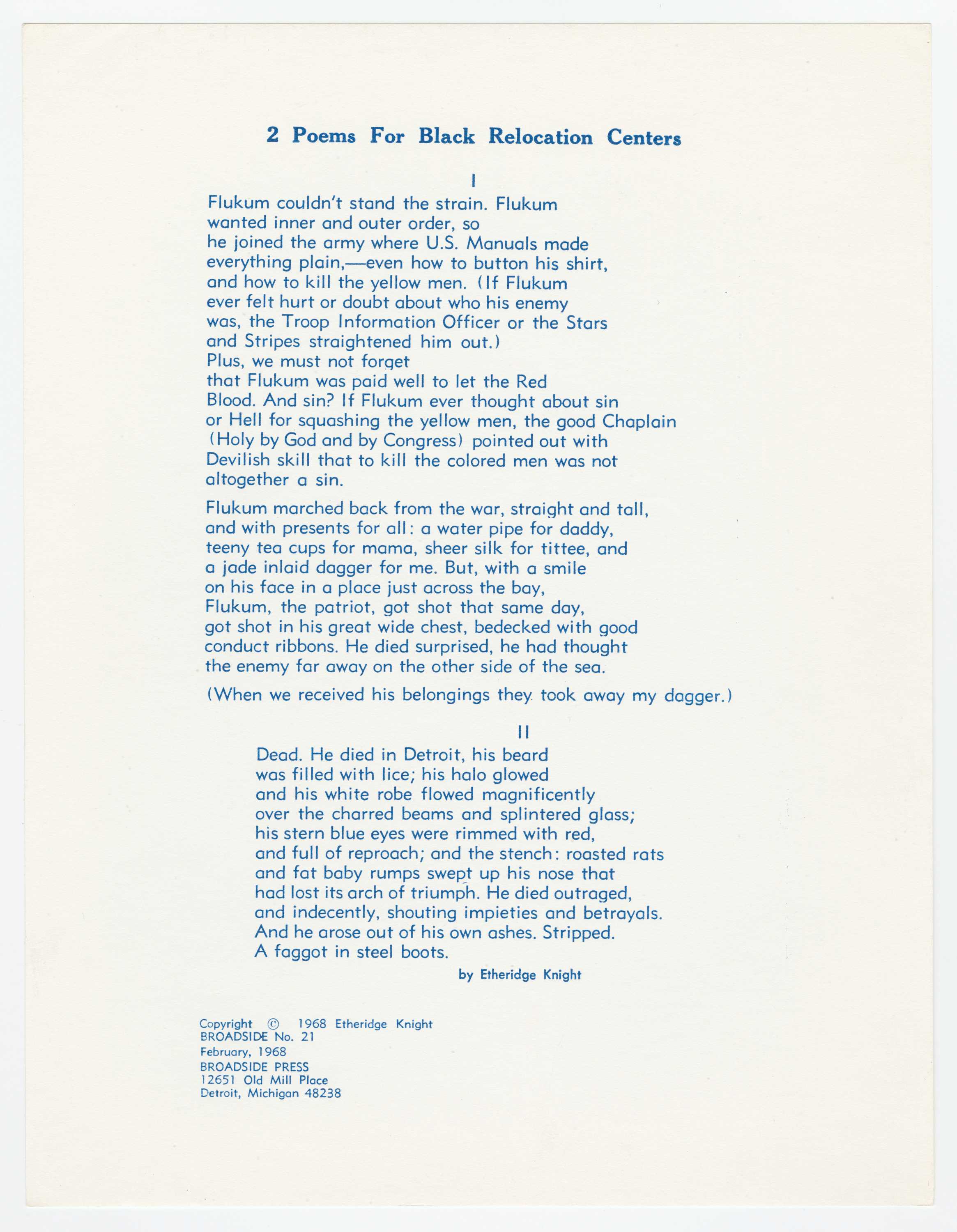 A collection of poems titled 2 Poems For Black Relocation Centers written by Etheridge Knight and published by Broadside Press as Broadside No. 21. The poem is on white paper with and printed in blue ink.