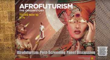 Afrofuturism: The Orgin title slide for the presentation. It has women dressed in modernize, futurist African outfits, collaged together.