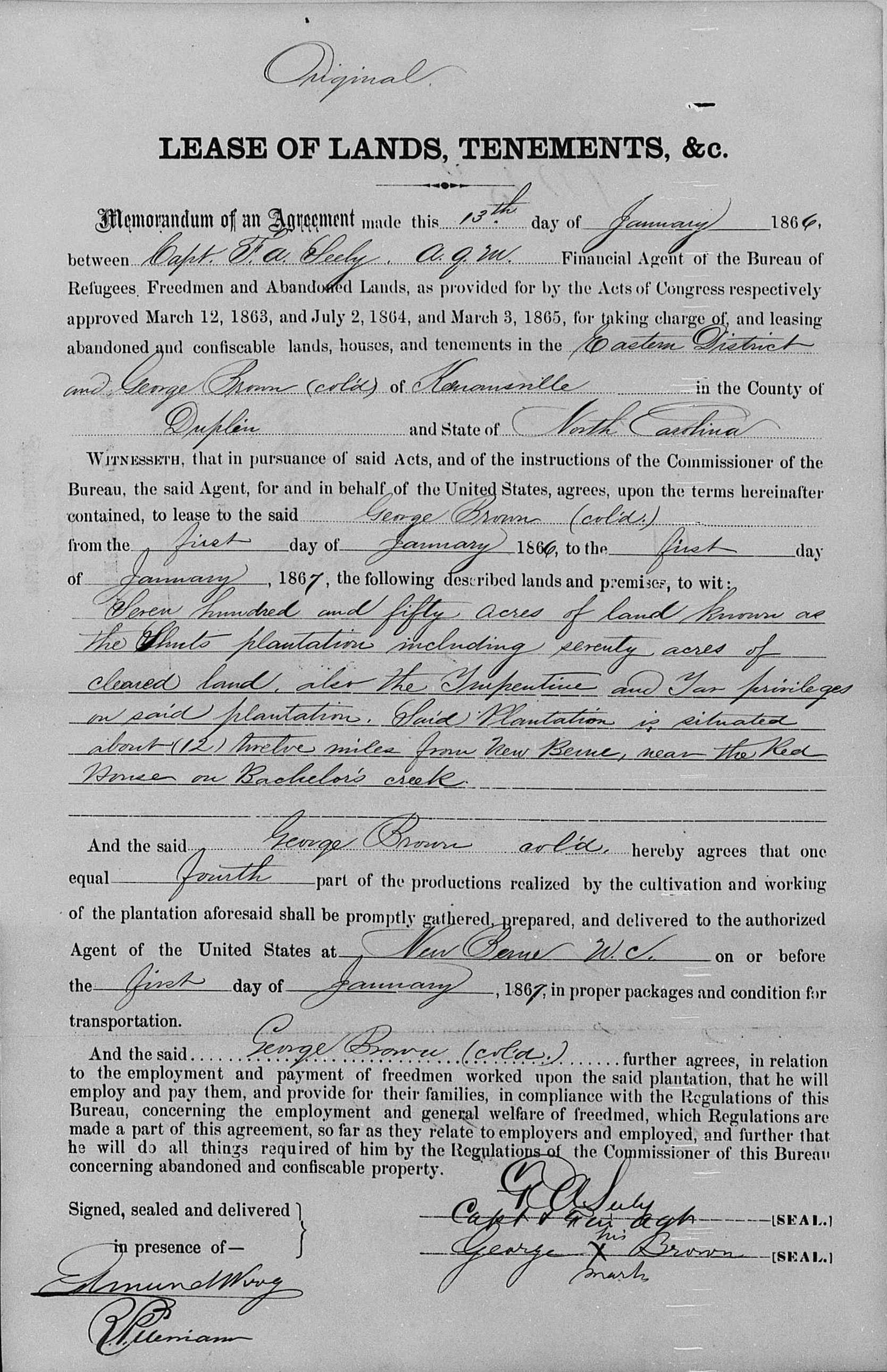 A handwritten land lease for George Brown. Signed by multiple people. Signed the 13th of January.
