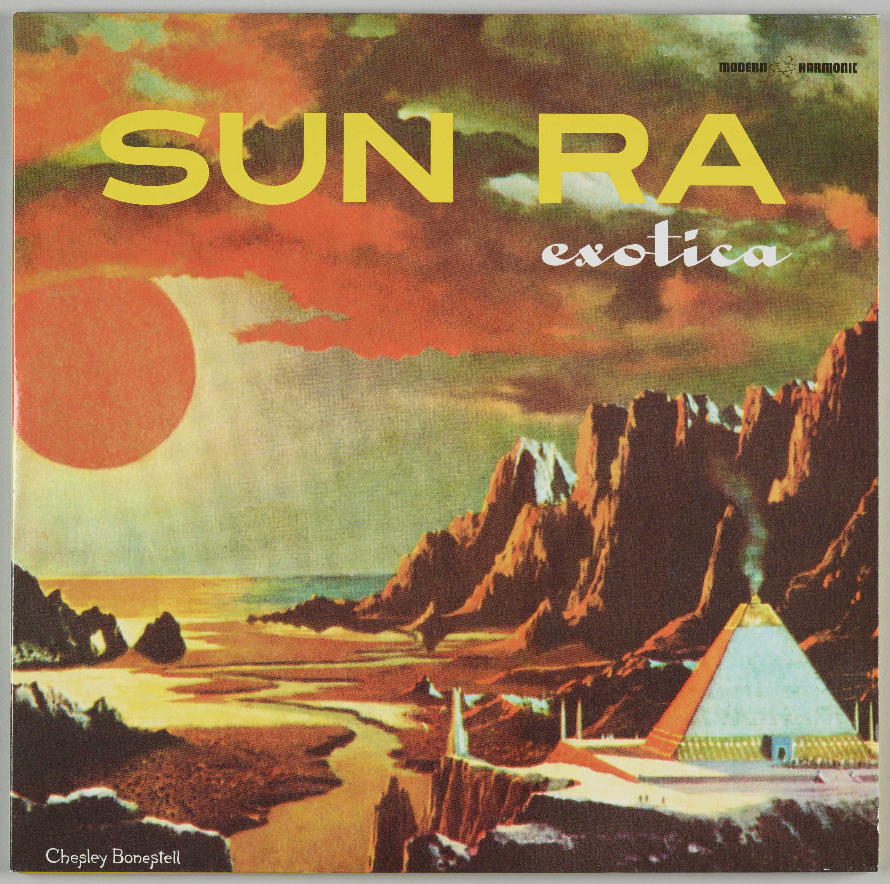 A cosmic jazz album cover featuring Sun Ra's 'Exotica' in bold typography amidst bright colors and shapes.