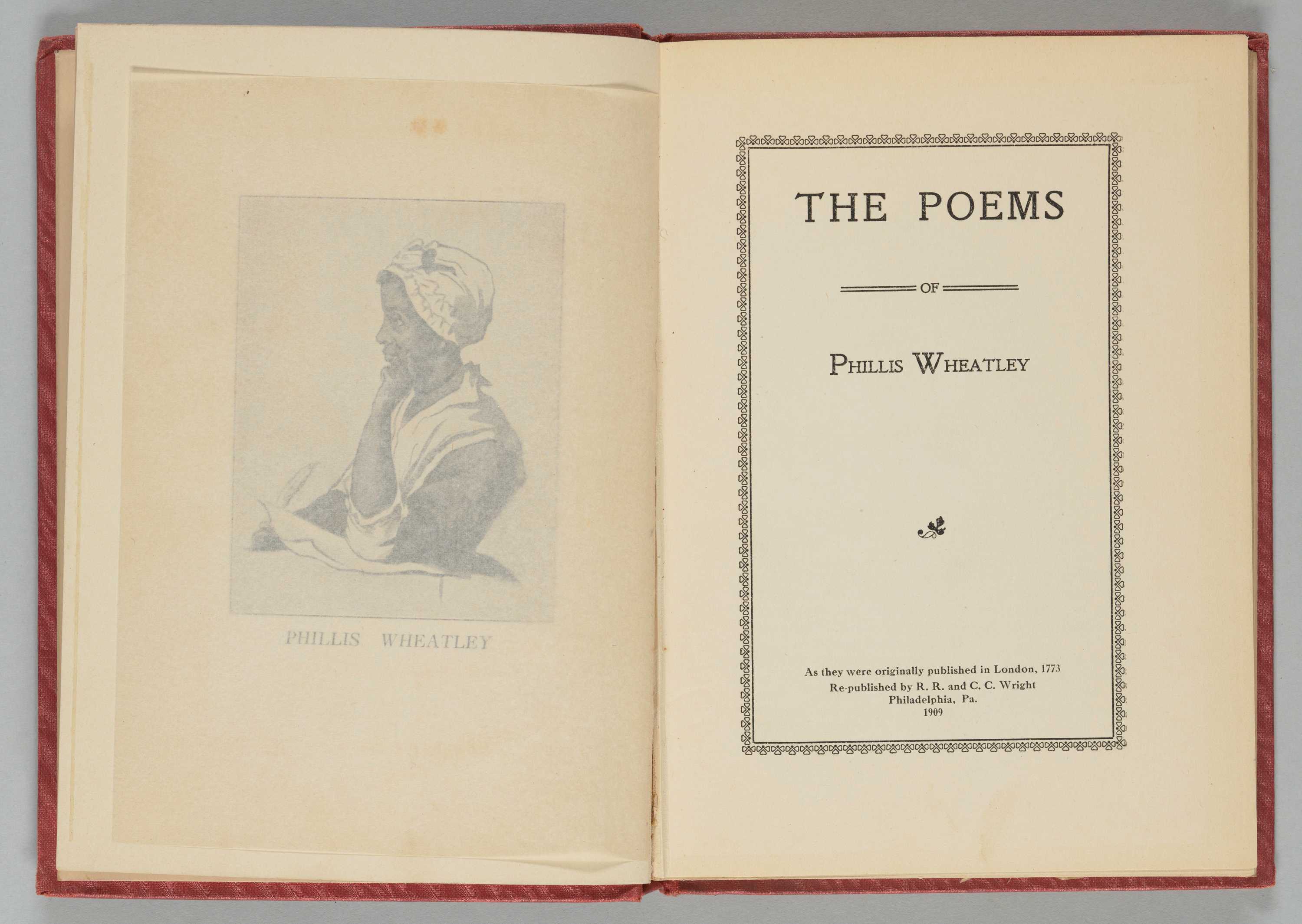 Inside cover of the A.M.E. Book Concern including an illustration of Phillis Wheatley and title page which reads "The Poems"
