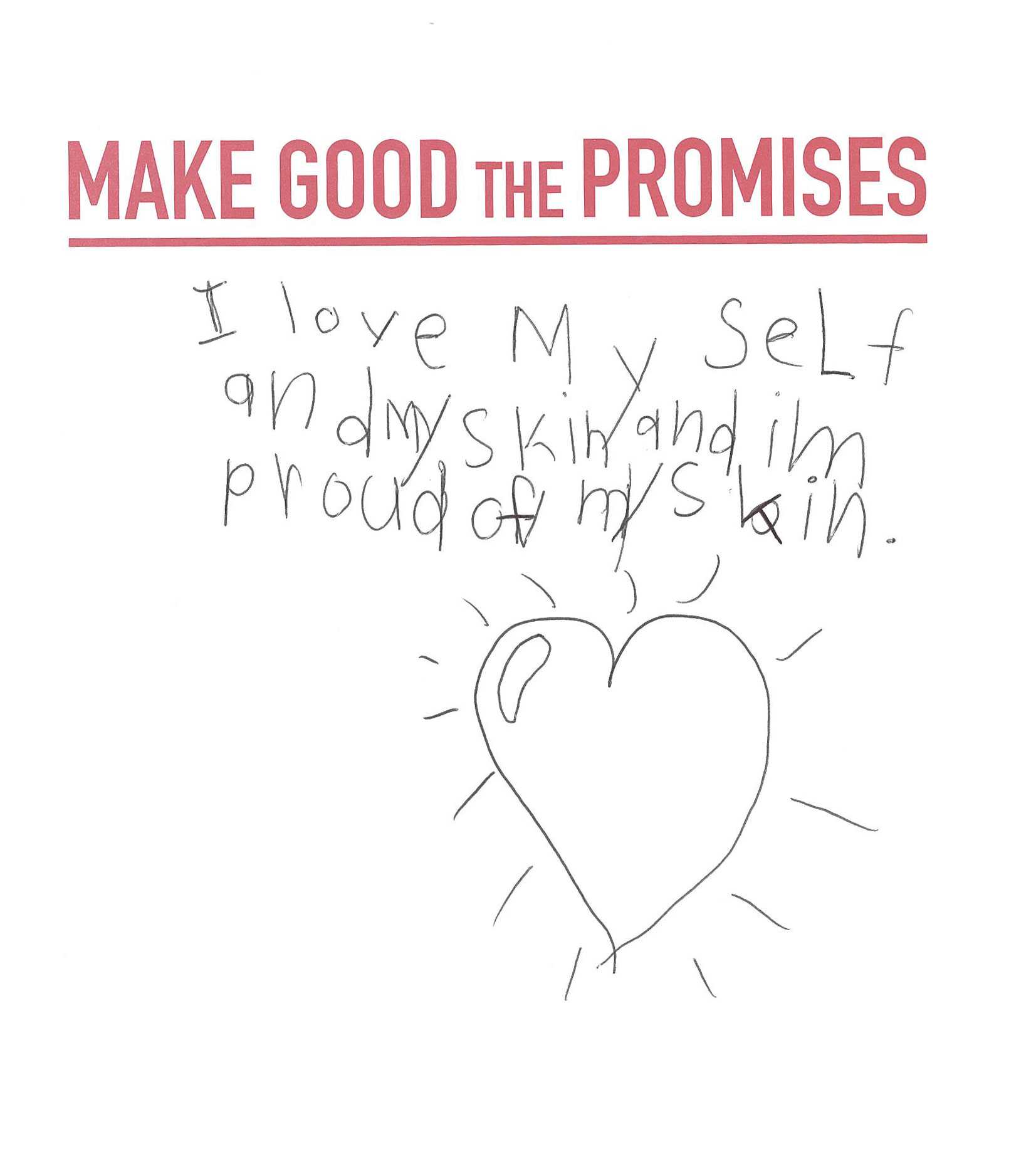 A white card with the message from a young child that says "I love myself and my skin and proud of my skin."