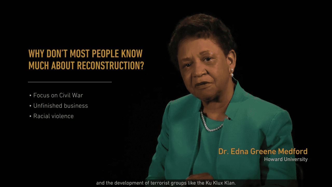 Doctor Edna Greene Medford, in the studio, discussing to the camera why most people don't know about Reconstruction.