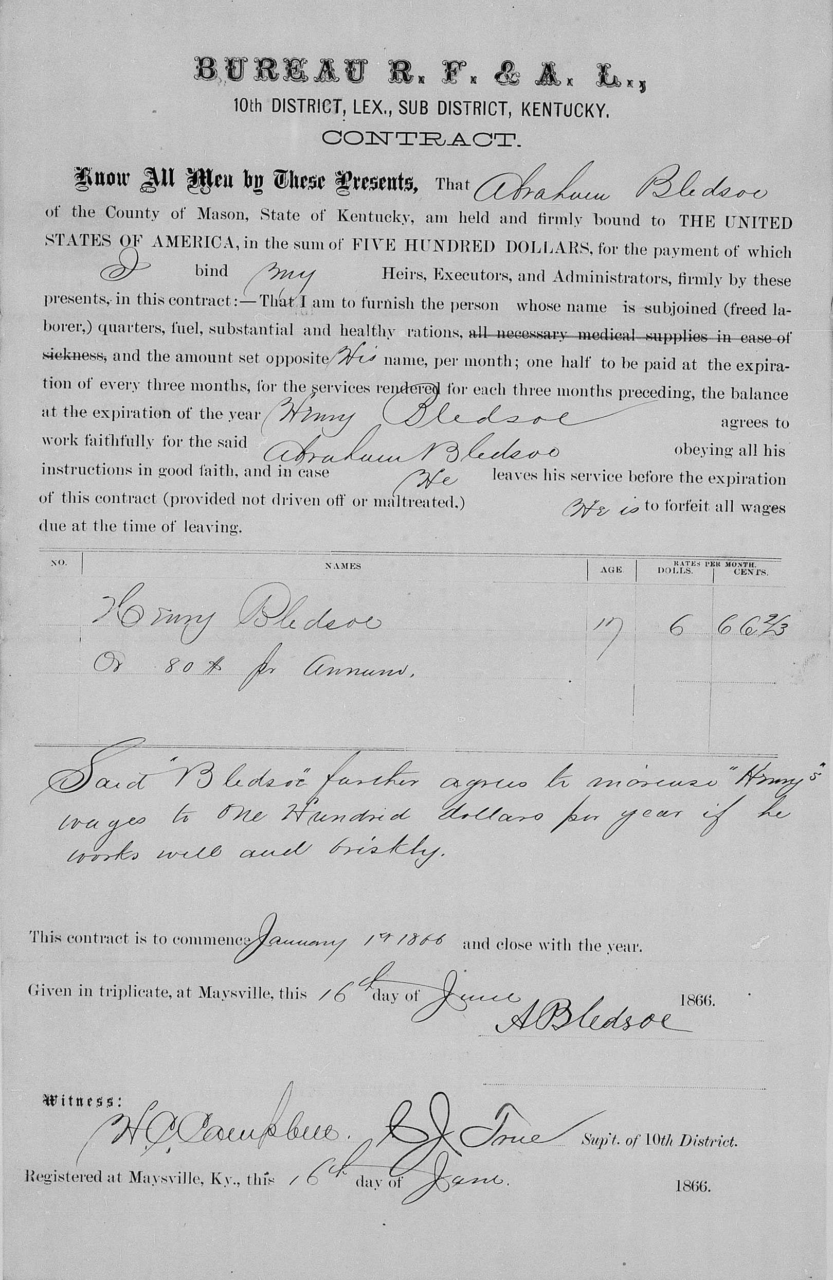 A labor contract for Henry Bledsoe. The contract starts January 1st 1866. It is signed with a witness.