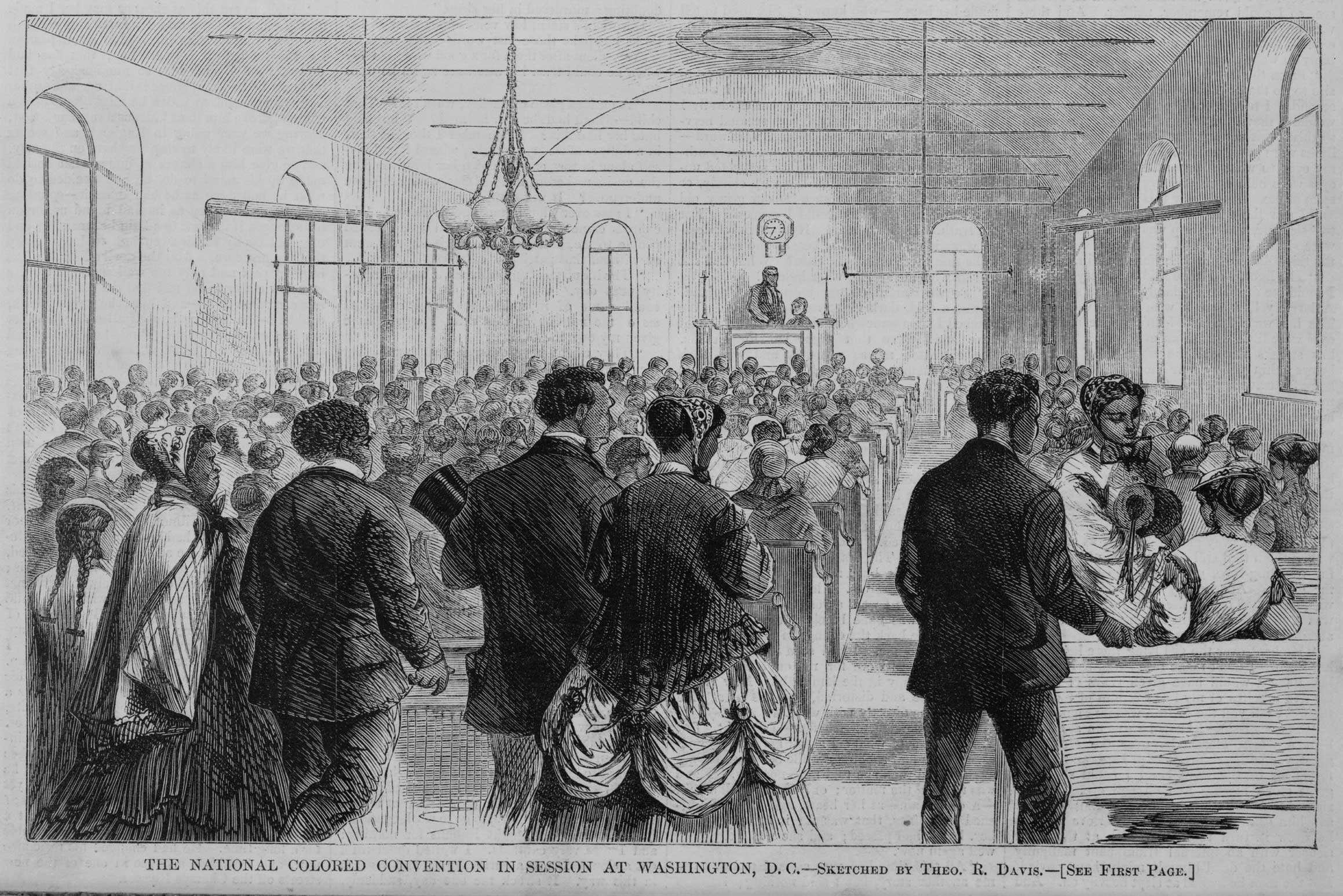 A sketched of a hall with filled African American people gathered and sitting in pews.