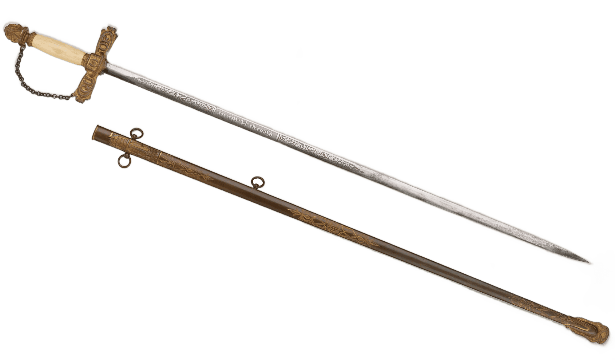 A thin sword and the protective scabbard. The handle of the sword as a chain connect.