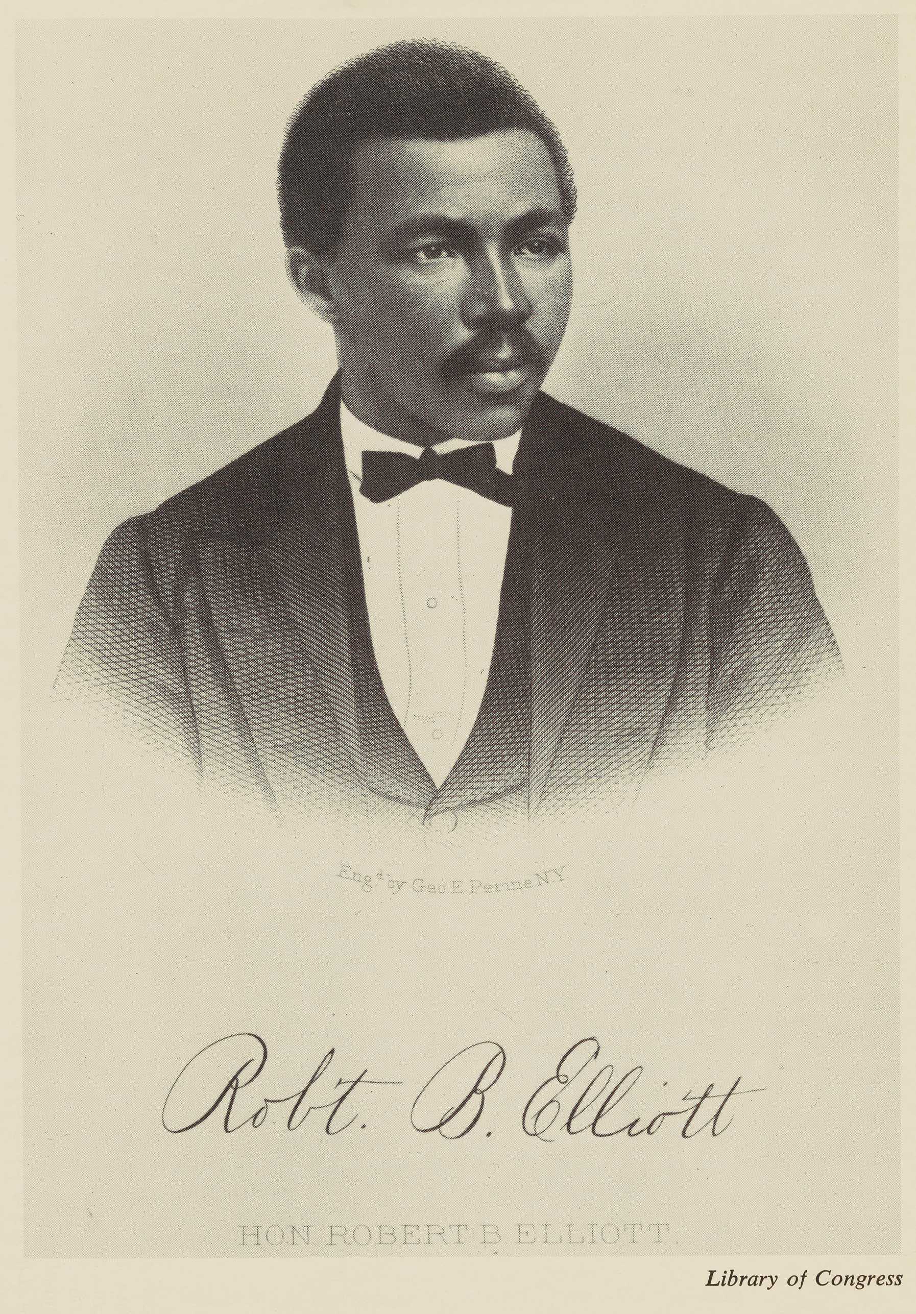 An print of Robert B. Elliott's portrait. He is dressed in a tux. His portrait fading at the bottom.