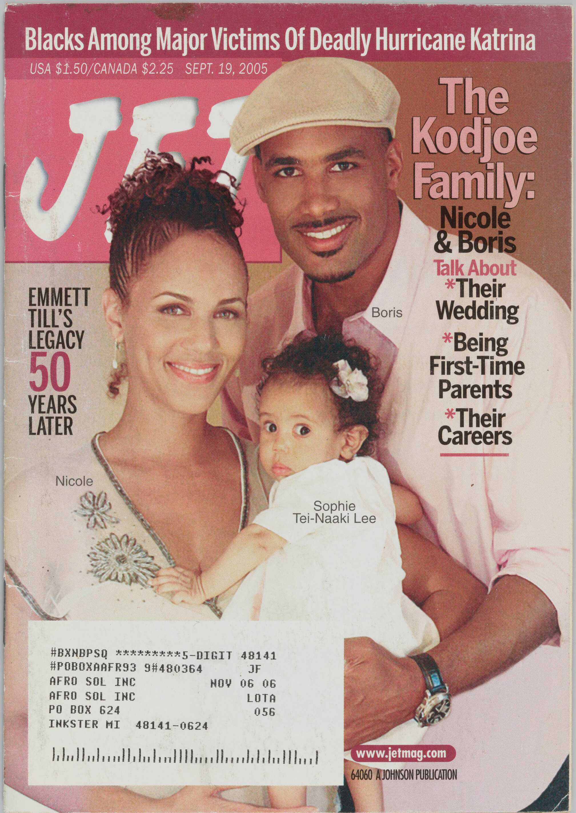 Cover features a photo of Boris and Nicole Kodjoe with black and pink print. Pages 20-25, an article on Emmett Till.