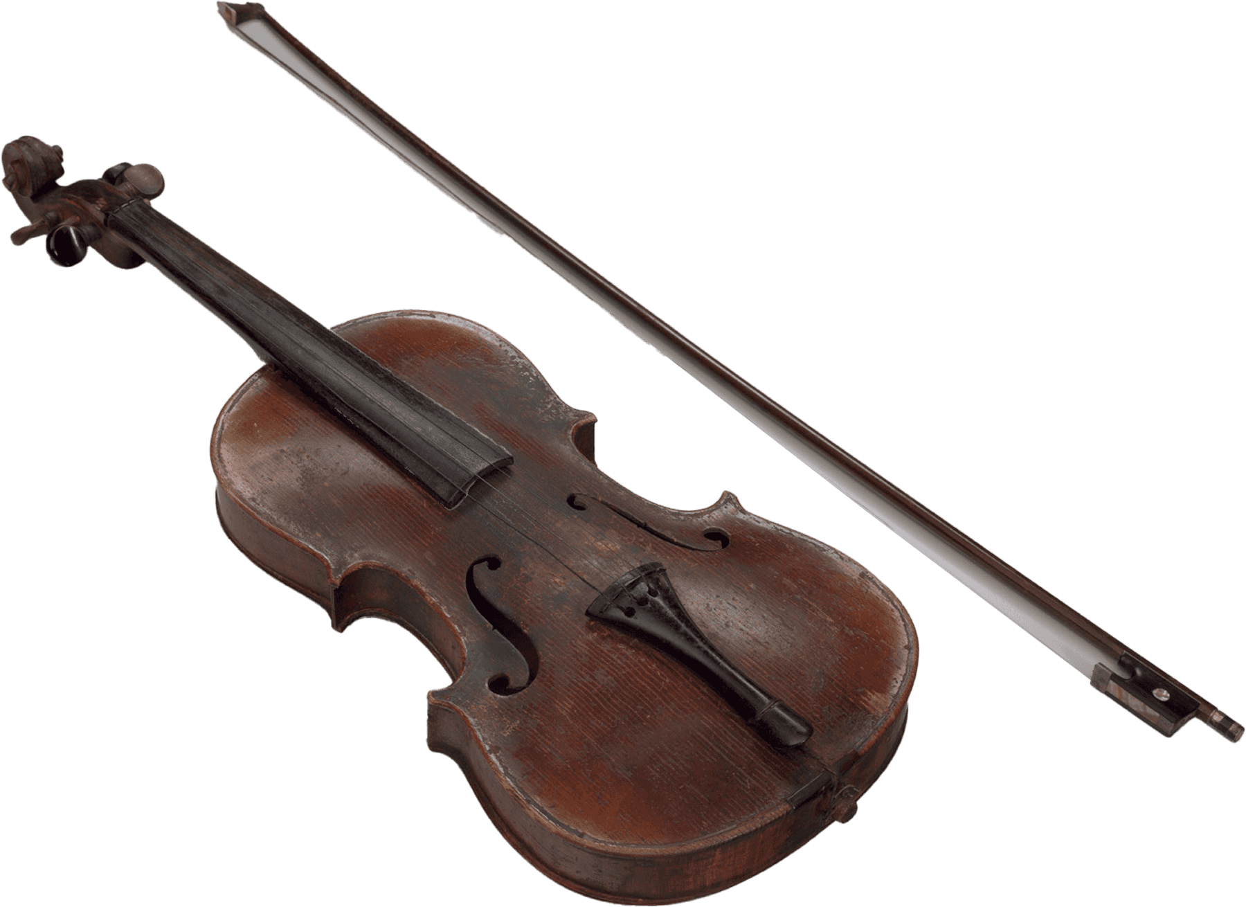 A violin (.1a) with a bow (.1b) stored in a wooden case (.2), all owned and played by Jesse Burke, who used the violin during and after enslavement.

The violin (.1a) has a reddish-brown stained wooden body, neck, peg box, and scroll. The pegs, fingerboard, and tailpiece are made of wood painted black. A small piece of mother of pearl is attached at the center top of each peg. The strings are made from steel. A paper label is adhered to the interior back of the violin body, which can be seen through the sound holes. Printed on the label in black text are the words: "Antonius Stradiuarius Cremonensis / Faciebat Anno 1726".

The bow (.1b) has a rod made from a dark-stained wood with a metal tension screw. The frog is made from wood painted black and inlaid with mother of pearl and a metal ferrule. The tip is edged with a panel of an ivory imitation material. The bow hair is made from horsehair, though the horsehair is broken with several strands still attached and extending from the tip in varying lengths.

The wooden case (.2) is painted black and has a hinged lid that opens with two (2) metal hinges. On the opening side are two (2) metal tension clasps with one (1) locking hinge at the center. There is a metal plate with a keyhole to the right of the center hinged lock. A metal handle is attached at either side of the keyhole plate. The interior of the bottom and the lid is lined with a red wool and cotton blend flannel. There are two flannel-covered wooden pieces at the wide side of the case that correspond to the center bouts on the body of the instrument and secure it in place inside the case. A loop of the flannel is sewn near the thin side of the lid, presumably to hold the bow.
