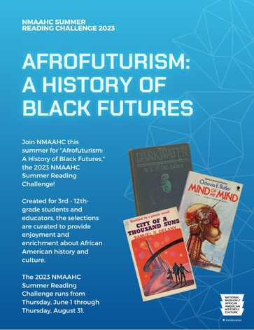 A blue flyer for Afrofuturism: A history of Black Futures. Three images are overlaying each other on the right and information about the challenge is on the left.