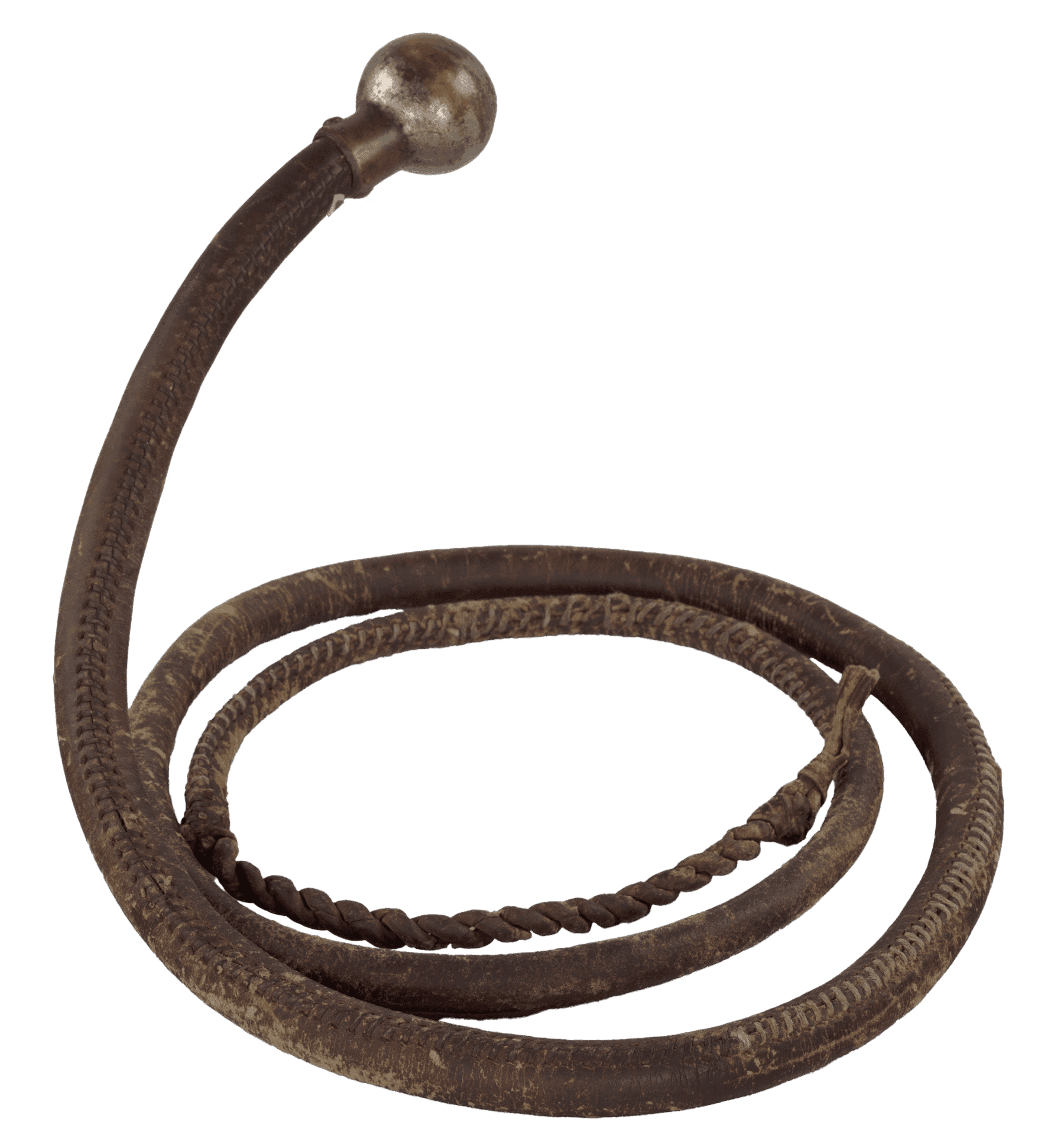 A long, single-tailed snake whip made of coiled leather strands inside a smooth, hand-stitched leather shot bag running three quarters of the length. The fall consists of two tightly twisted strands that terminate in a hard knot. The metal knob handle is attached to the leather by two nails, allowing the whip to be coiled up for easy carrying.