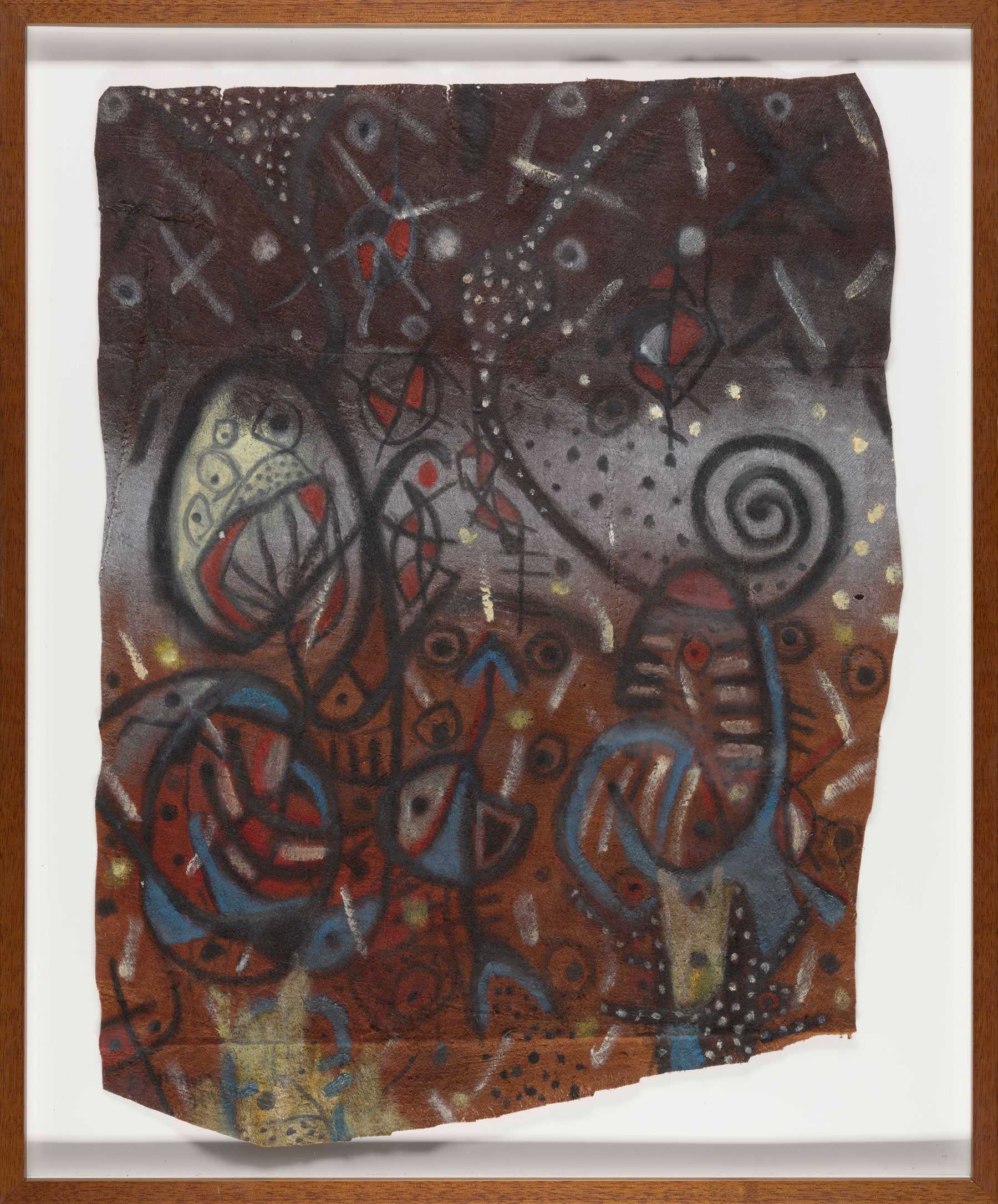 Abstract painting with swirling patterns and geometric shapes in red, blue, and black on a brown background. Framed in wood.