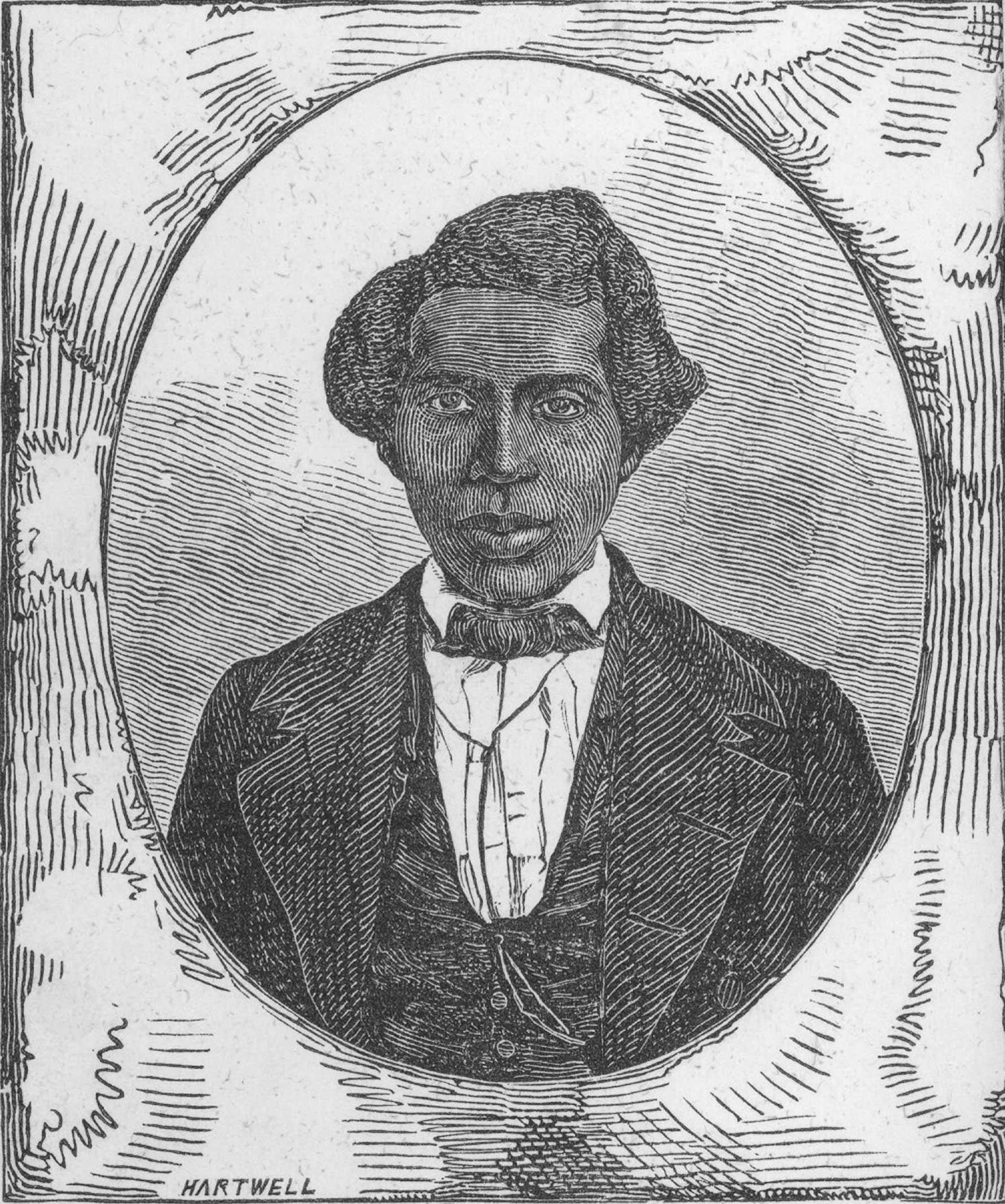 A woodcut print of Tunis Campbell. He is dressed in a suit, looking at the viewer.