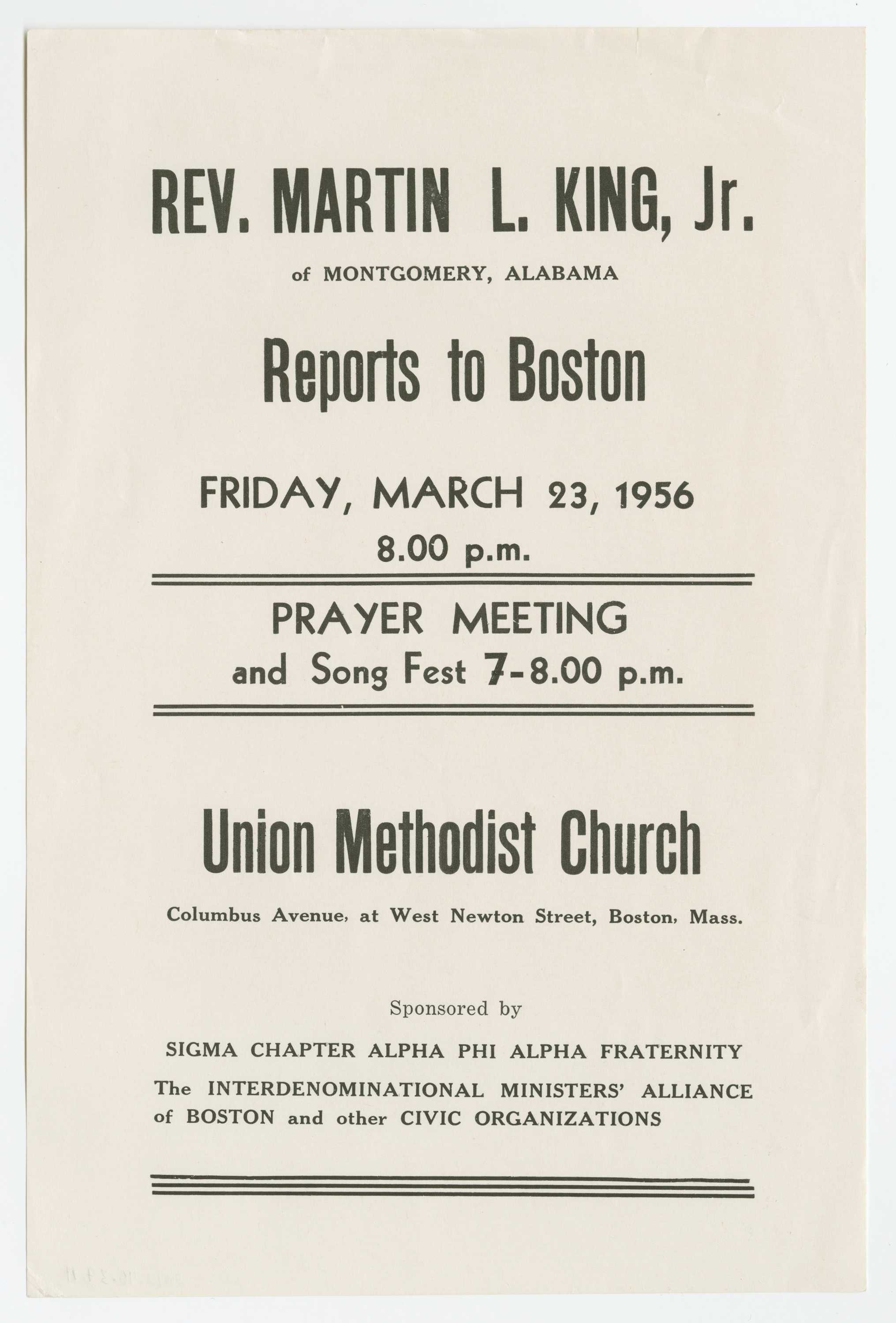 Image of handbill advertising a Prayer Meeting with Martin Luther King, Jr. The handbill has black printed text on white paper.