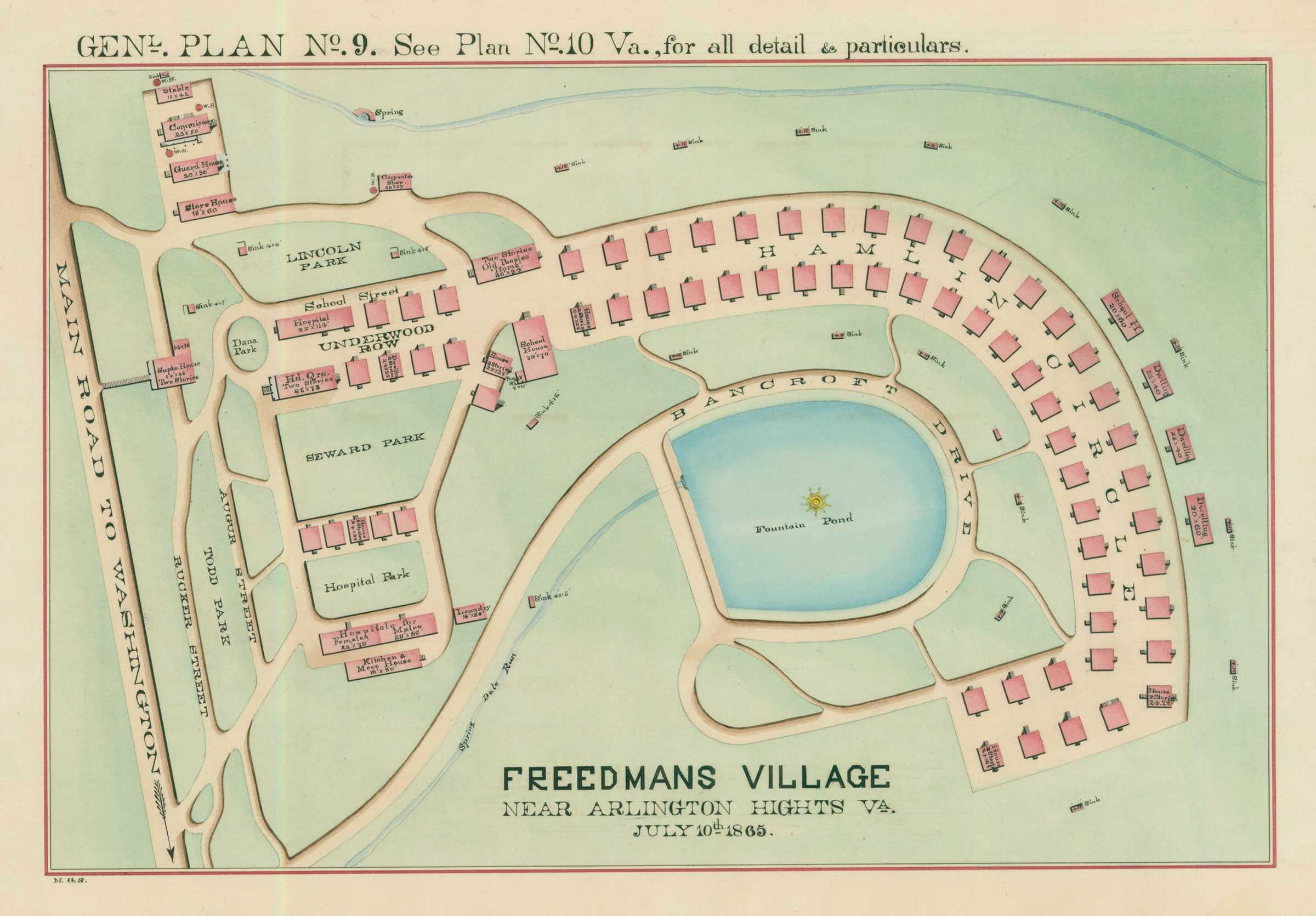 Map of Freedman's Village near Arlington Heights, VA, dated July 10, 1865, showing roads, buildings, and a central pond with labeled areas.