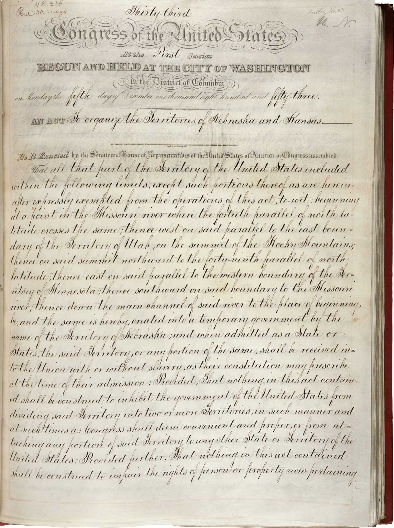 Document showing the Kansas-Nebraska Act, 1854