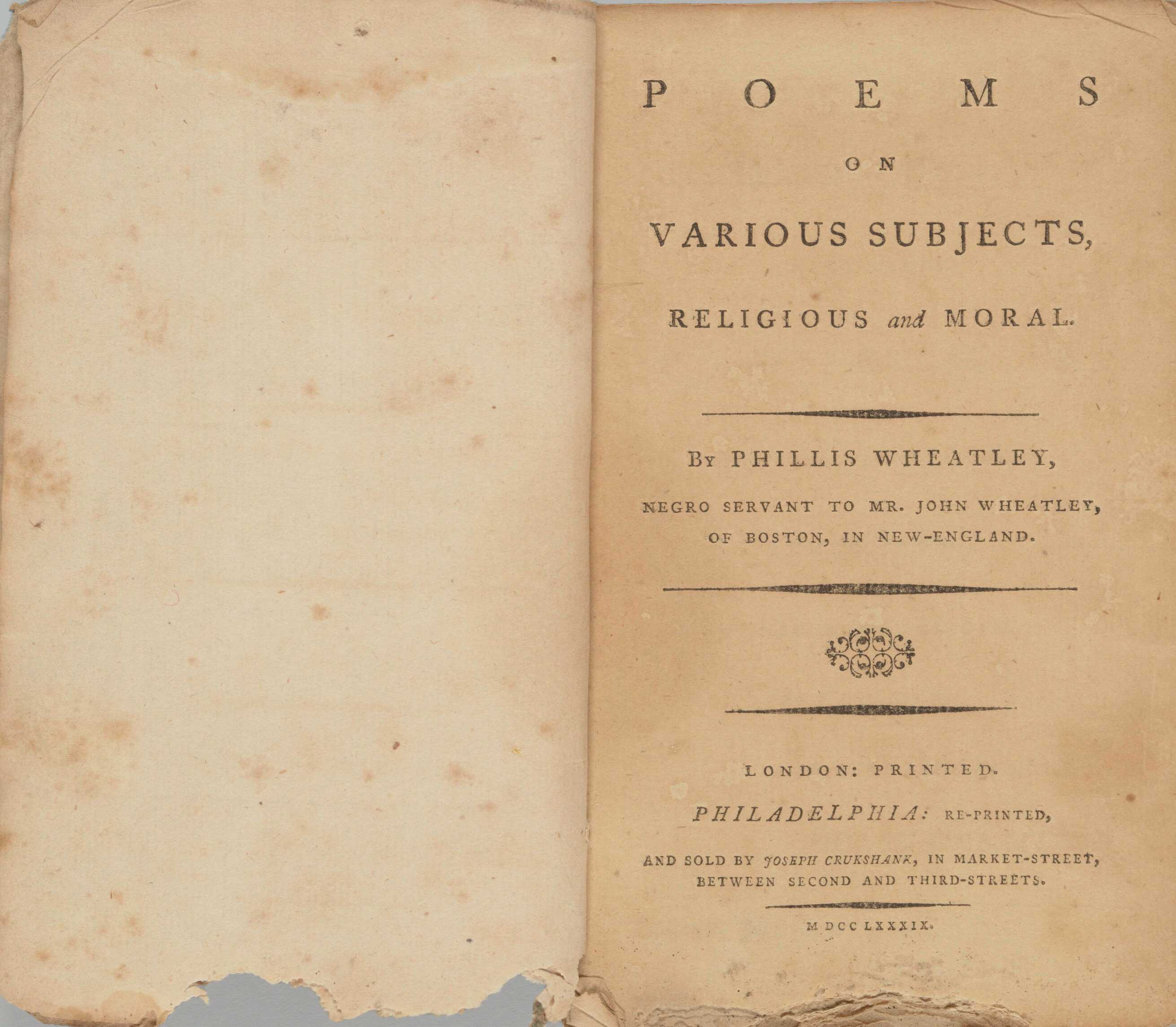 Inside cover of Phillis Wheatley's book entitled Poems of Various Subjects