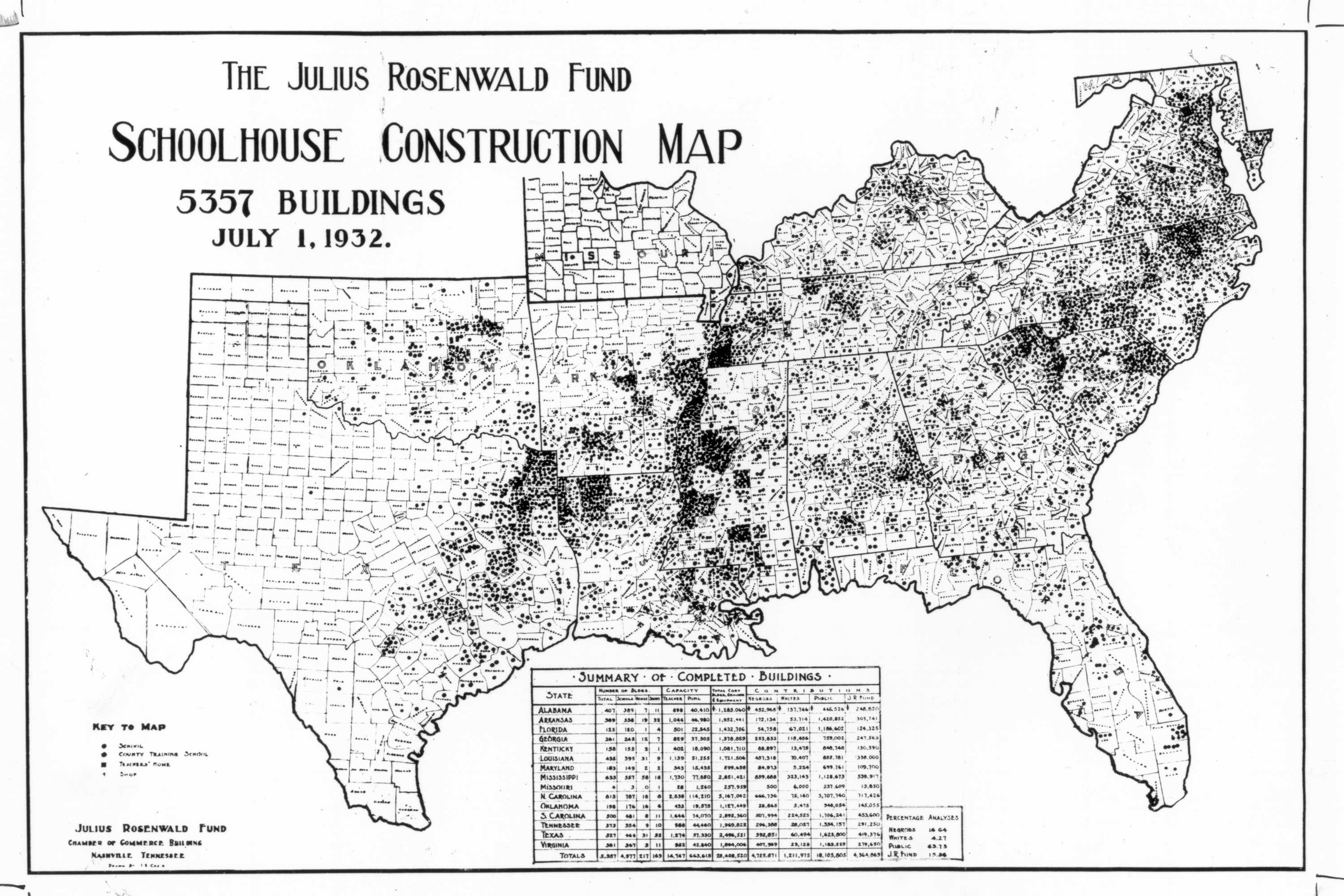 Map illustration of Rosenwald Schools across the country