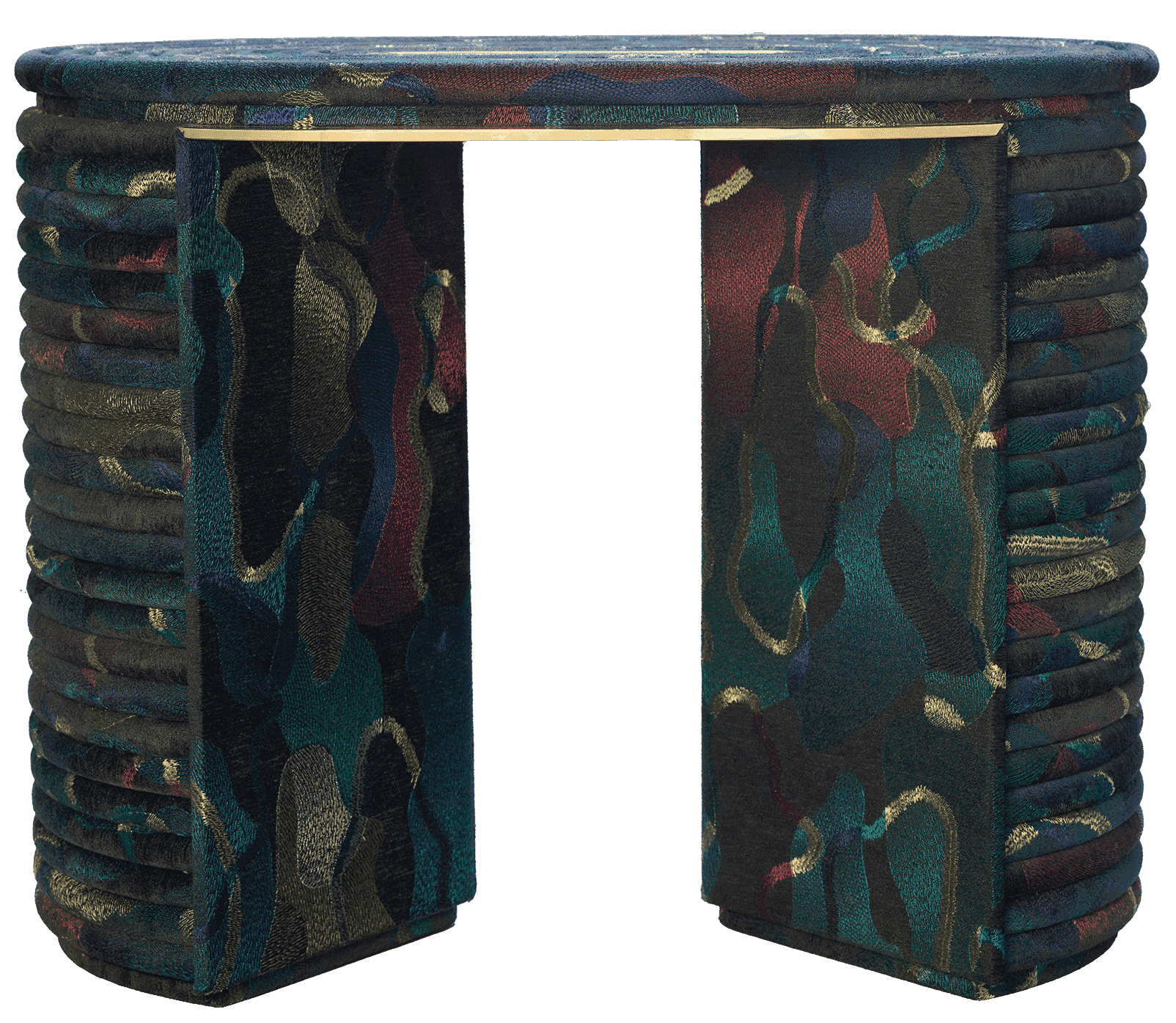 Upholstered stool with curved legs, wrapped in multicolored patterned fabric and featuring a rounded top and brass support.