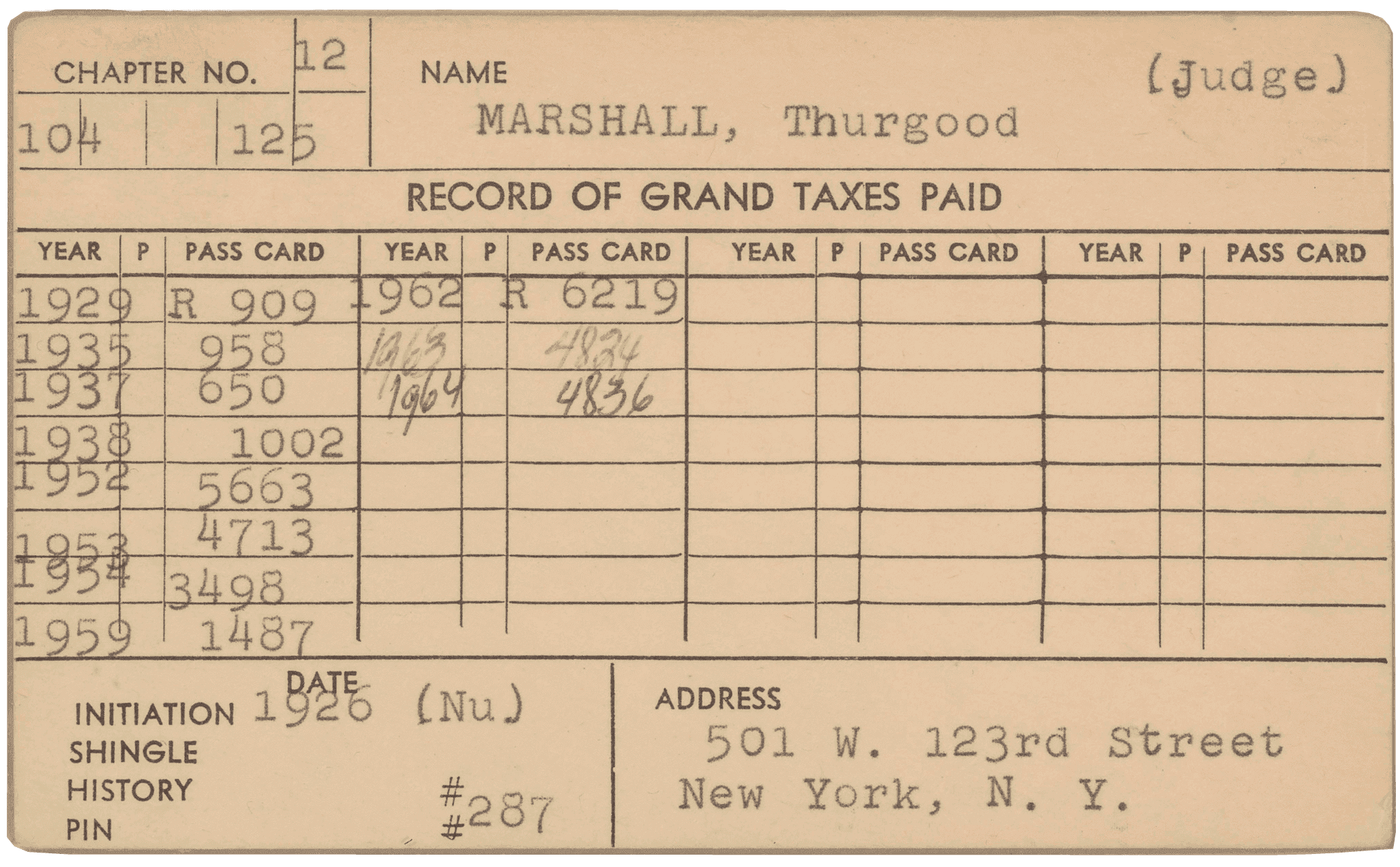 An index card of dues paid by Thurgood Marshall's to Alpha Phi Alpha Fraternity.