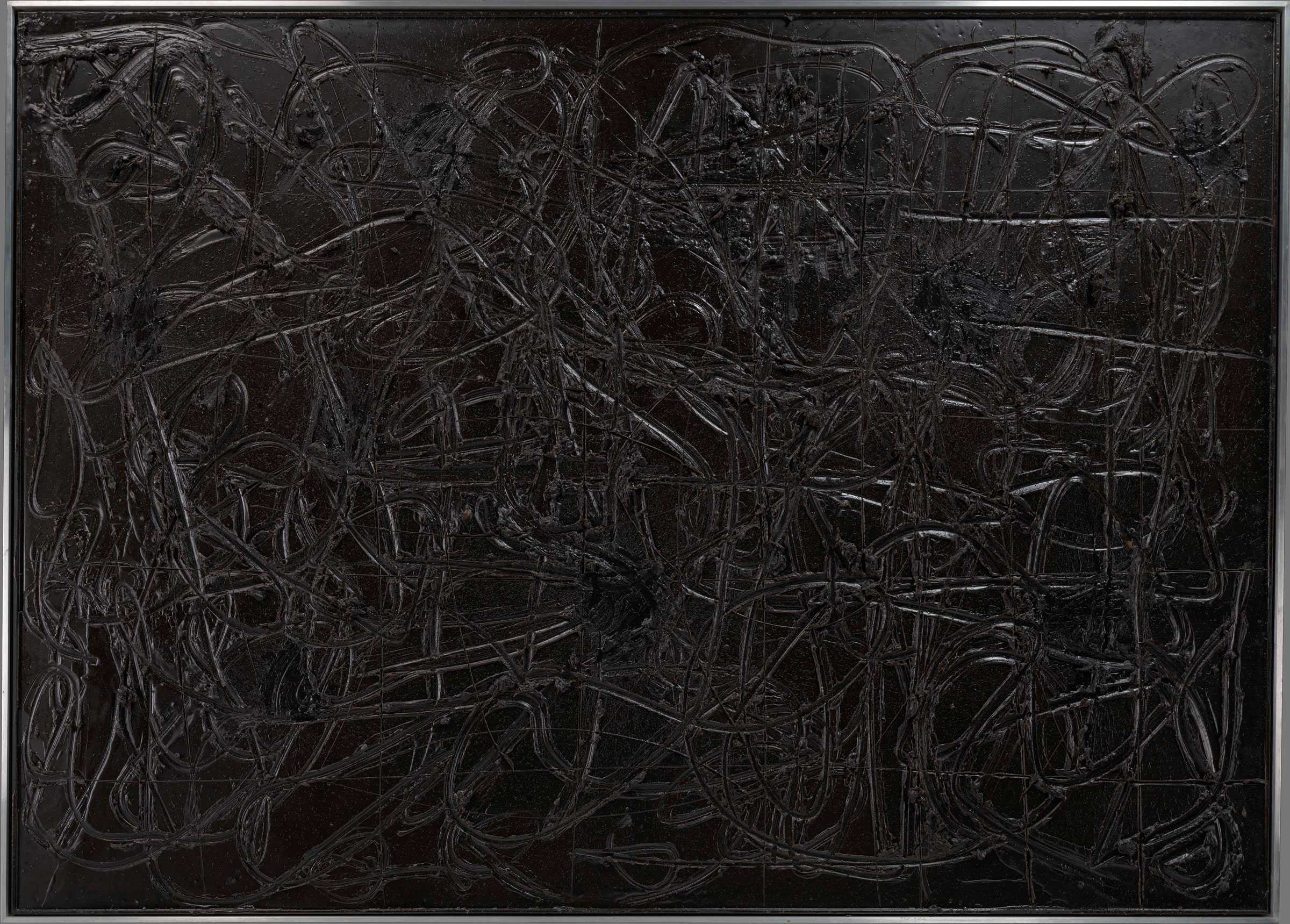 Abstract painting with black swirling lines and textured surface.