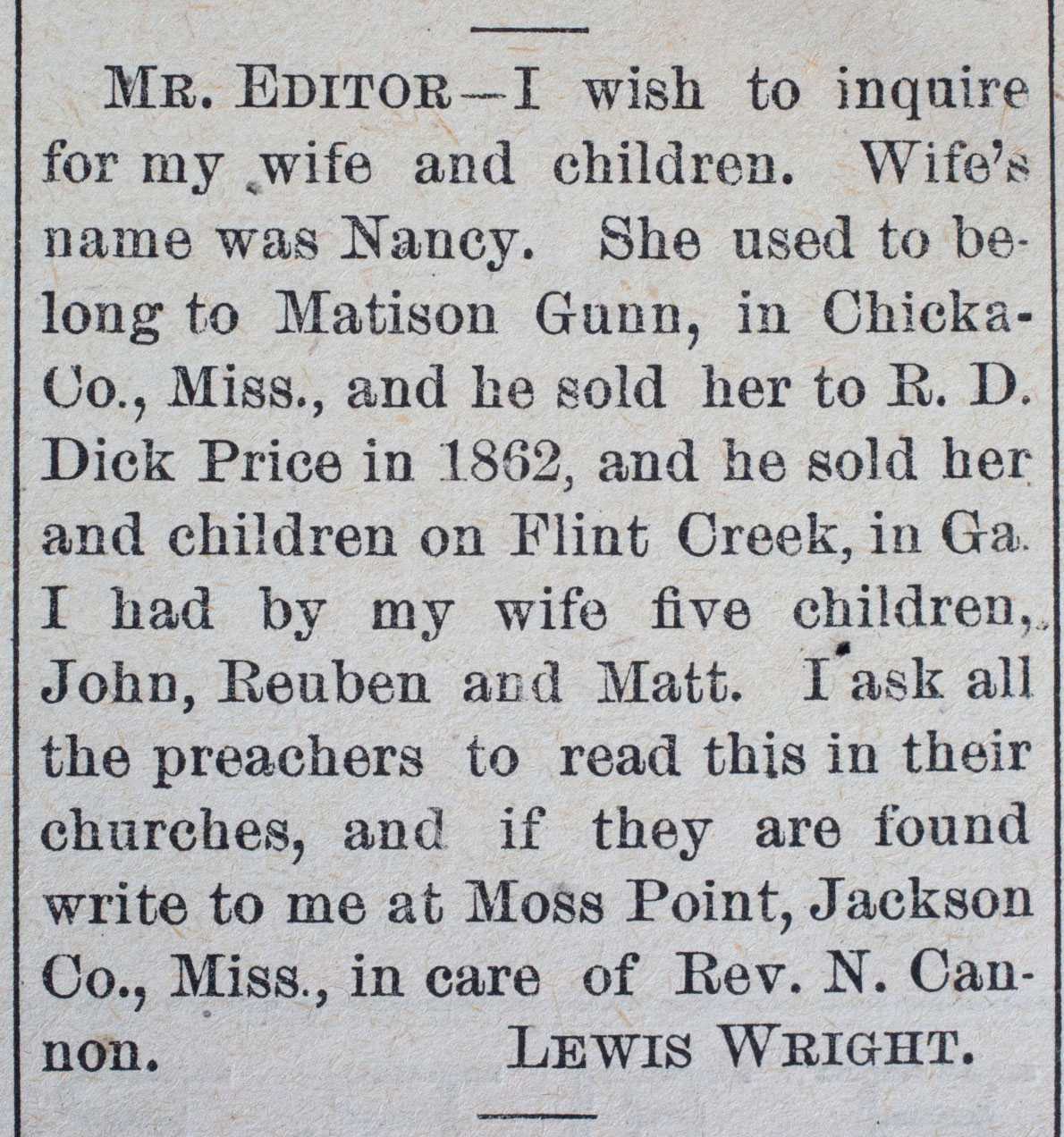A classified ad in the newspaper of Lewis Wright searching for his wife and children.