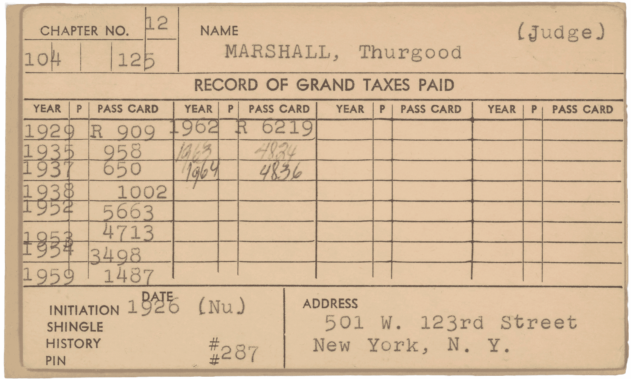 An index card of dues paid by Thurgood Marshall's to Alpha Phi Alpha Fraternity.