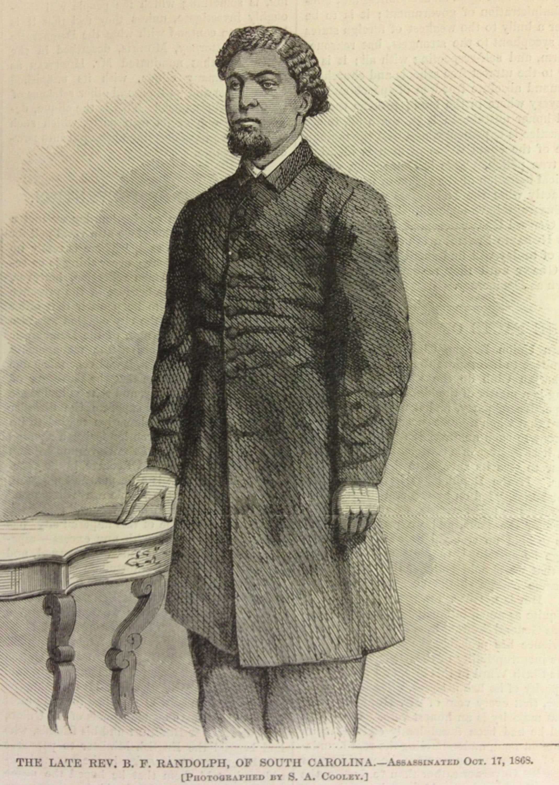 An illustration of Benjamin F. Randolph. The caption below announces his assassination on Oct. 17, 1869