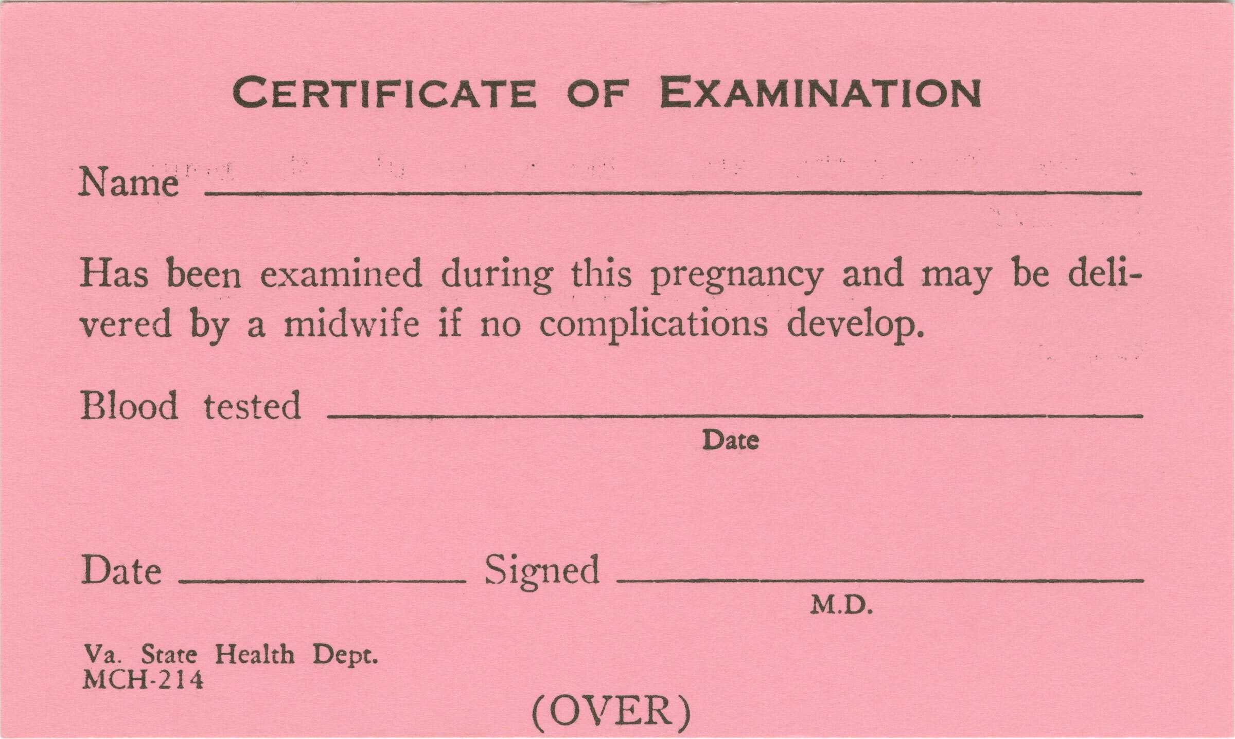 A blank, unused Certificate of Examination card printed by the Virginia State Health Department and used by the midwife Amanda Carey Carter.