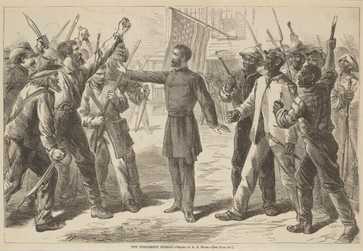 A drawing by A.R Waud depicts disagreement between a white and black crowd of people about the Freedmen's Bureau.