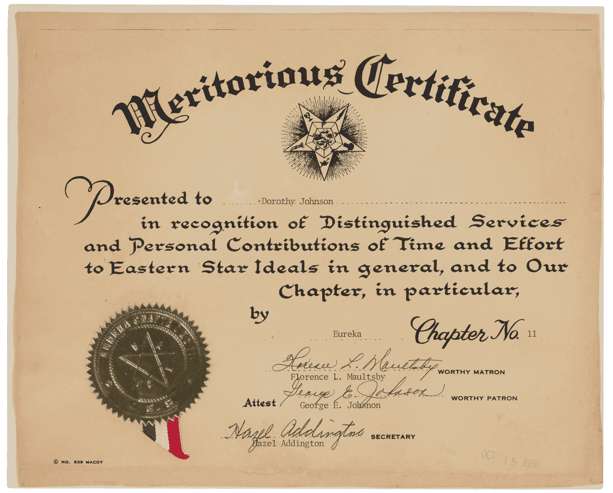 Certificate presented to Dorothy Johnson "in recognition of her distinguished services and personal contributions of time and effort" to the Order of the Eastern Star and to the Eureka Chapter No.11.