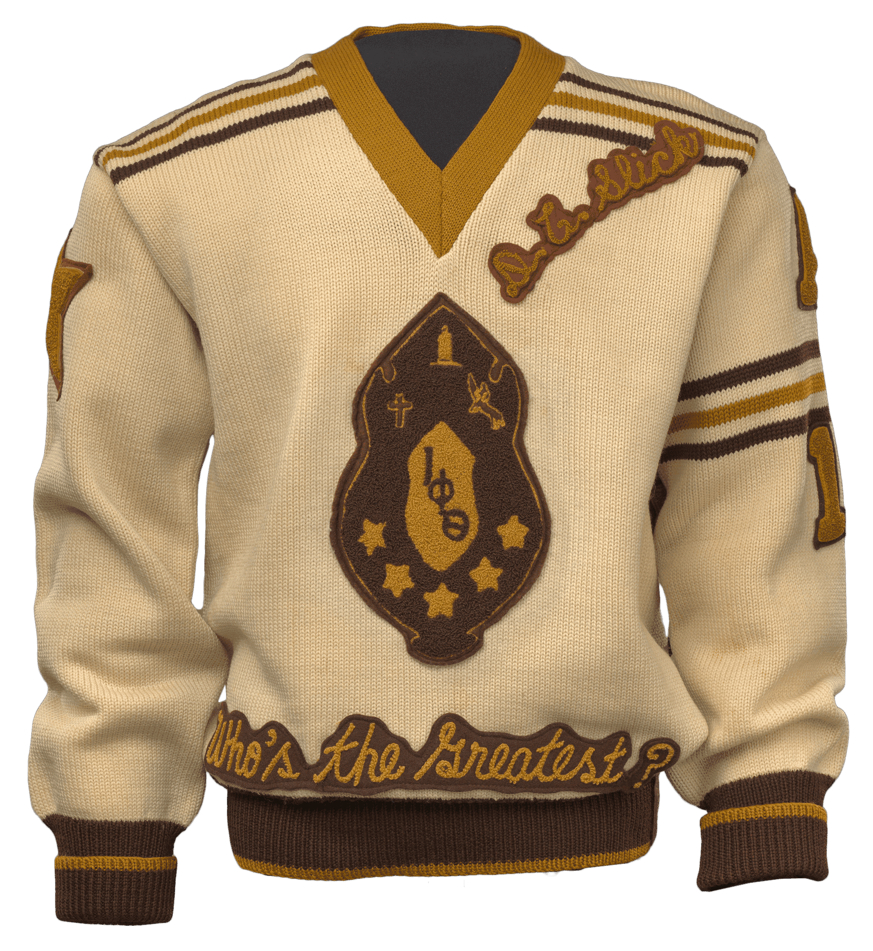 A brown, gold, and beige knitted pullover letterman sweater for the Iota Phi Theta Fraternity.