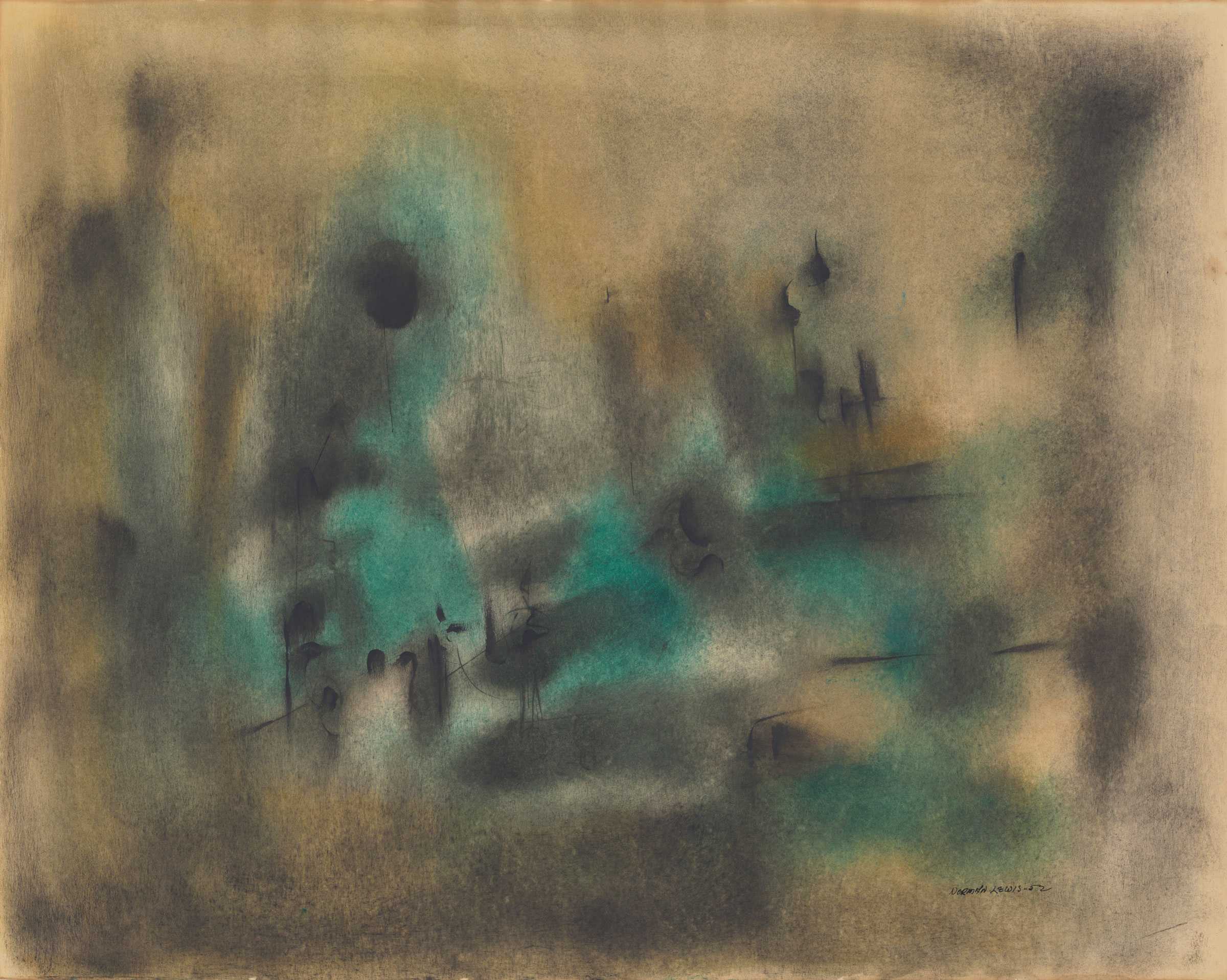 Abstract painting with blurred shades of green and beige, featuring indistinct, shadowy forms.