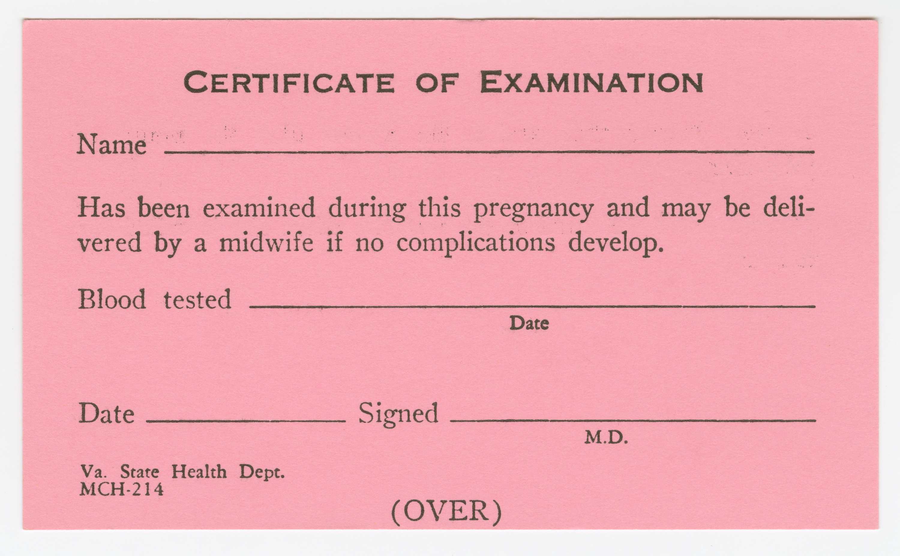 A blank, unused Certificate of Examination card printed by the Virginia State Health Department and used by the midwife Amanda Carey Carter.