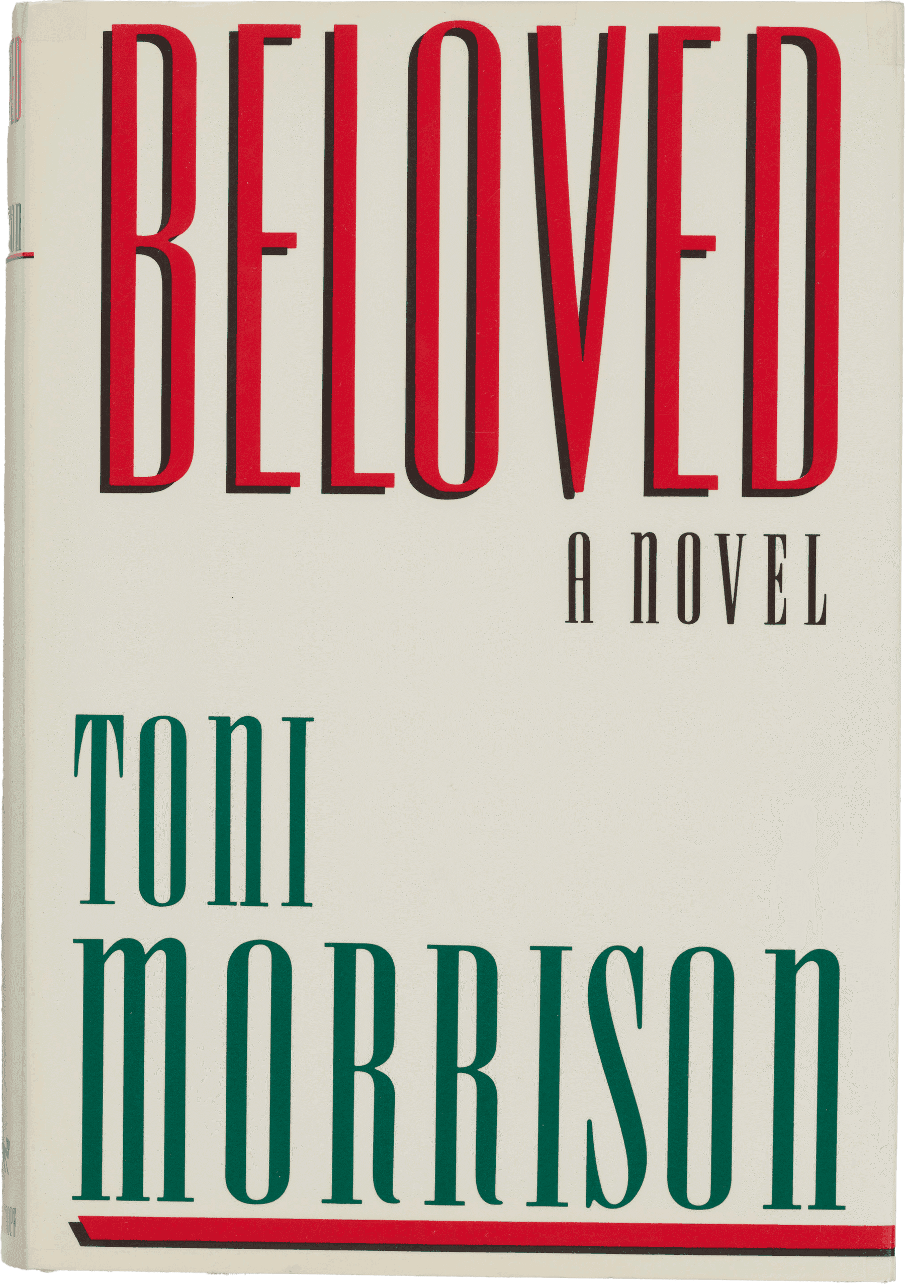 Image of the book cover of Beloved: A Novel by Toni Morrison. The text on the book has the title and author's name in red and green text on a white background.