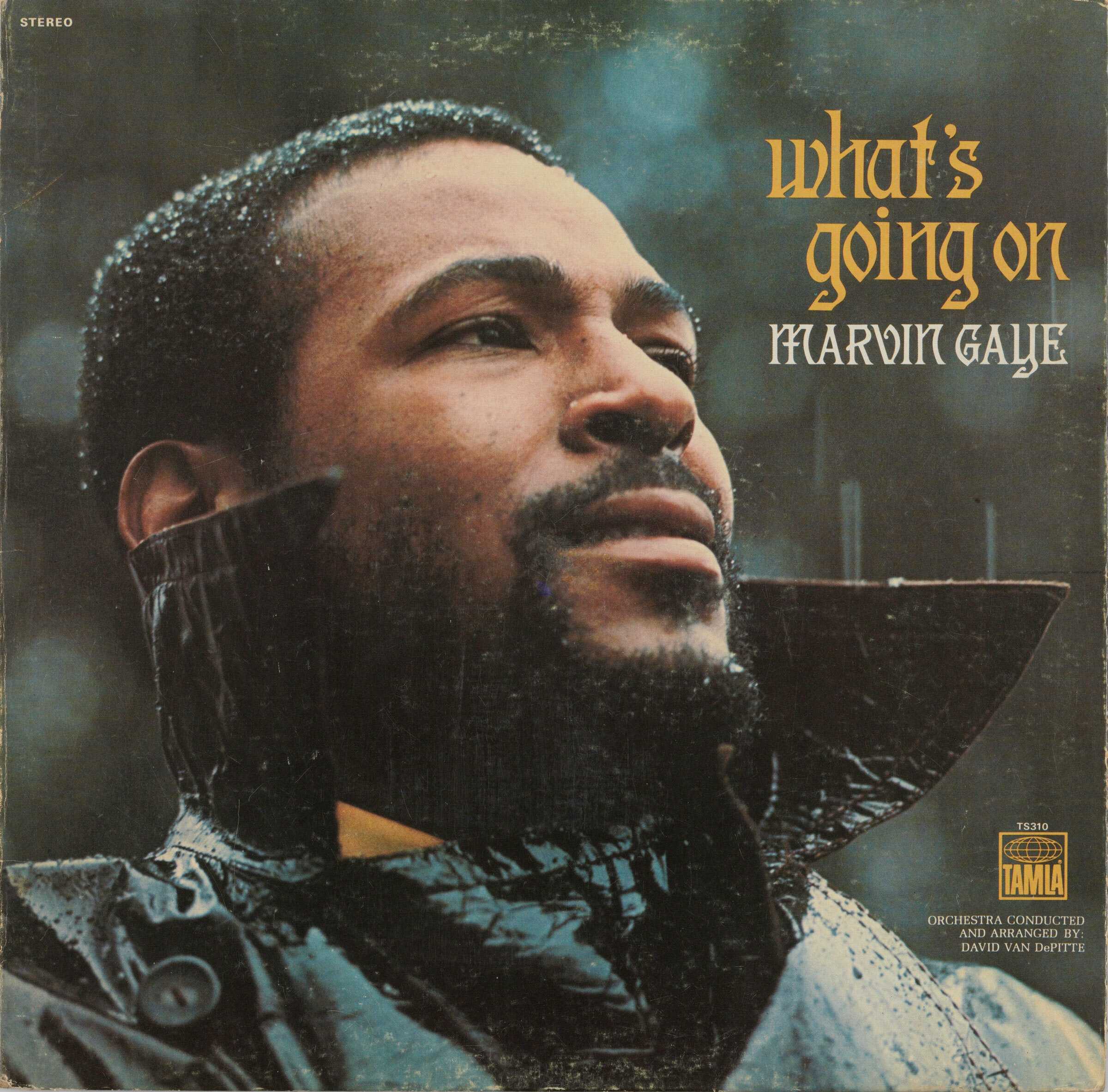 Image of the album jacket for Marvin Gaye's record "What's Going On," featuring a photograph of Marvin Gaye.