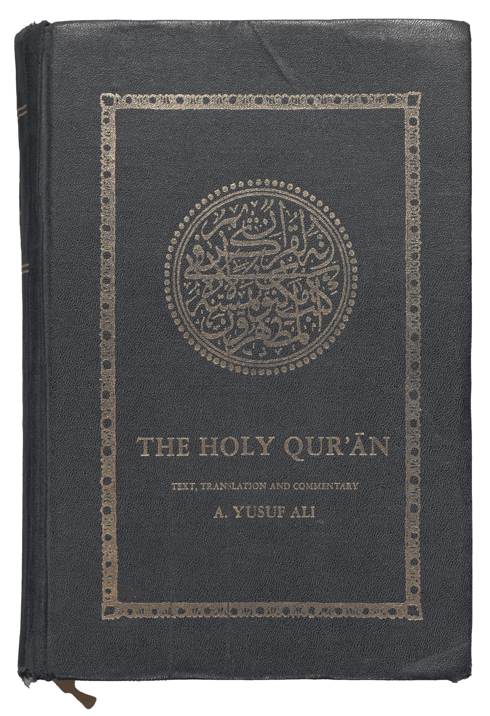 This Qur'an is a thick hard-backed book with a black cloth cover imprinted with gold inked letters and designs.