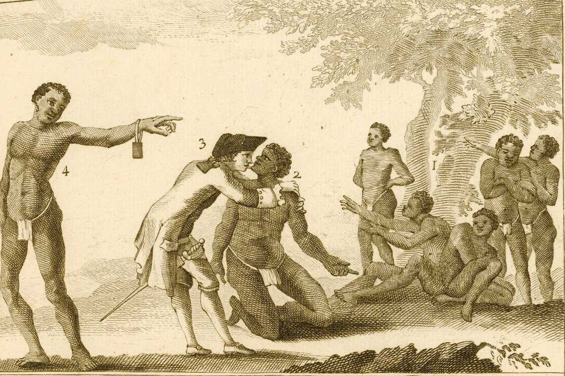 Sketch of European slave traders inspecting captive Africans
