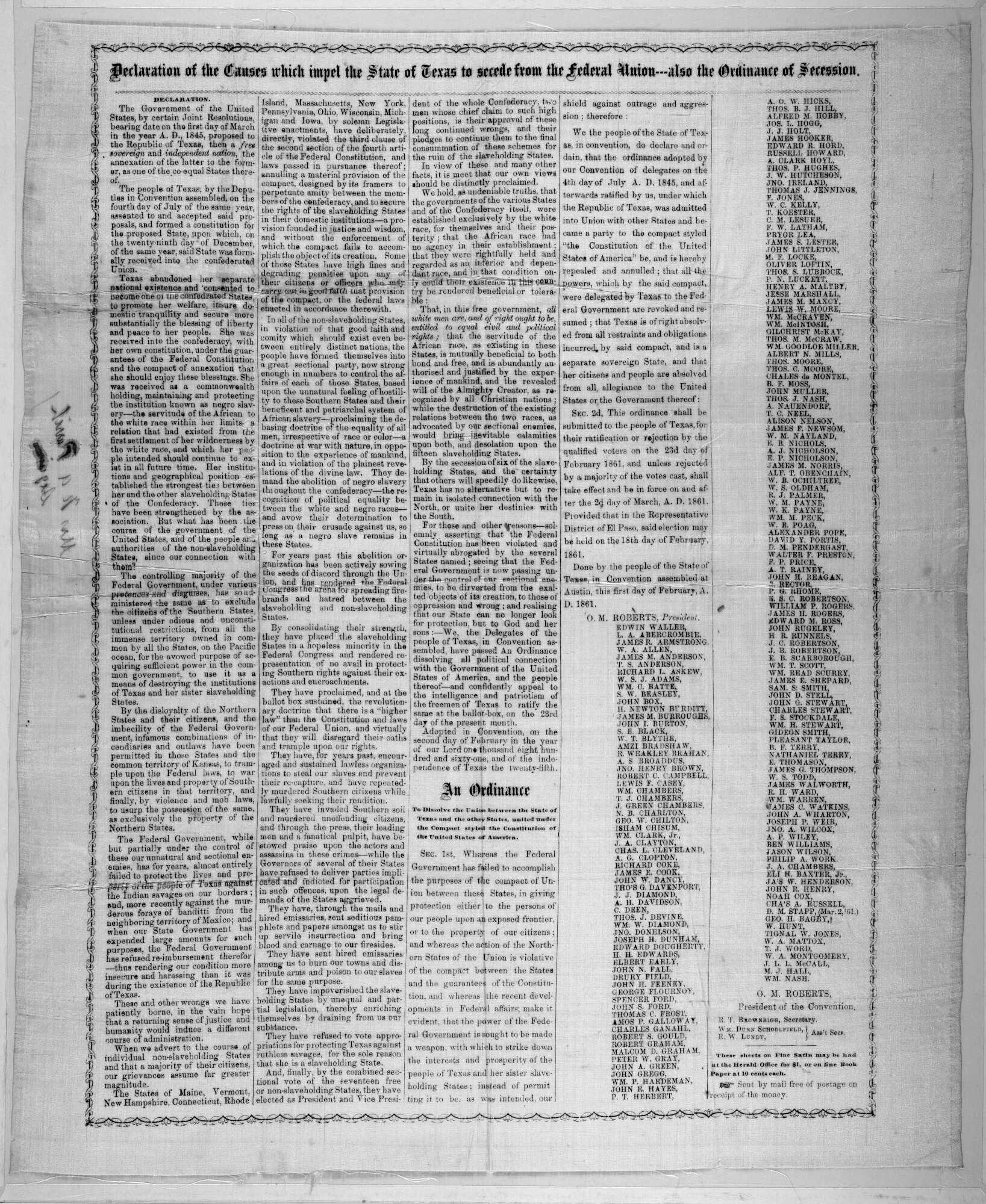 Document of Texas Declaration of Secession