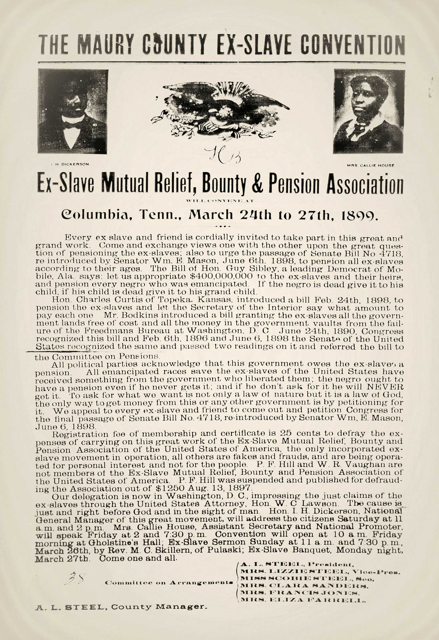 An worn paper of that says 'Ex-Slave Mutual Relief, Bounty and Pension Association broadside' Dated 1899.