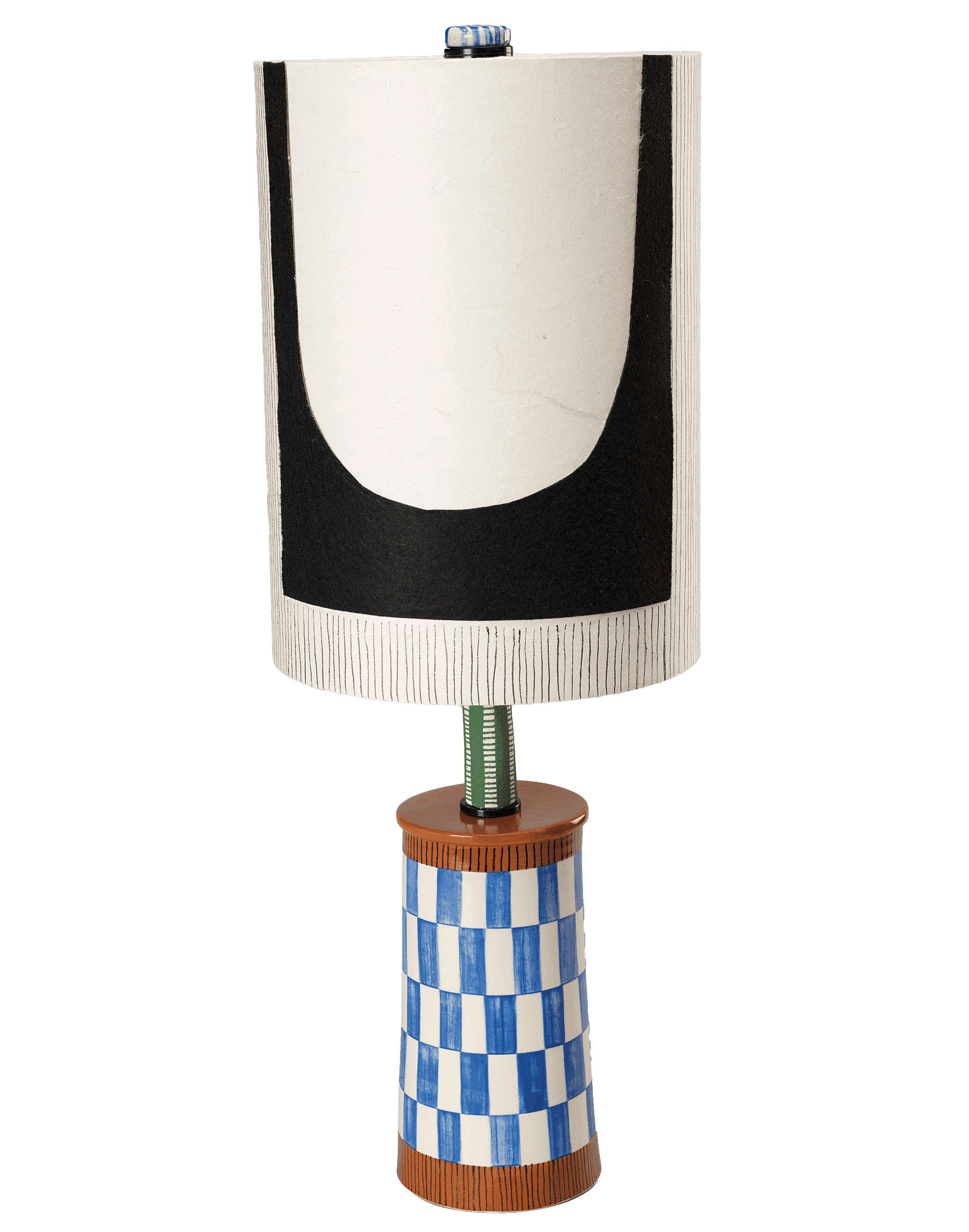Sculptural lamp with a tall blue-and-white checkered base and a cylindrical shade featuring a bold black curved design.