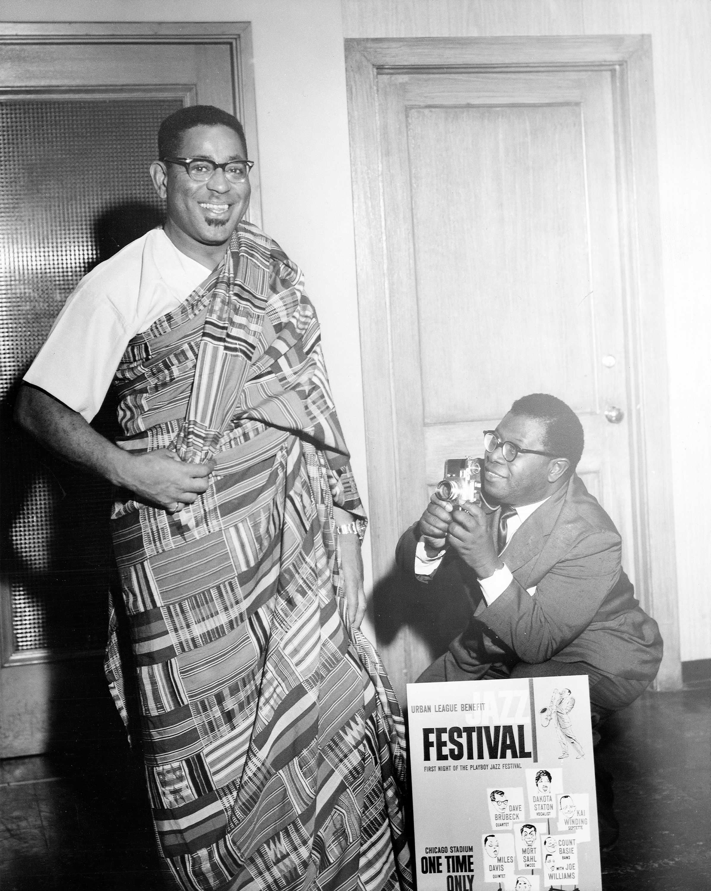 Black and white photograph of Dizzy Gillespie at festival