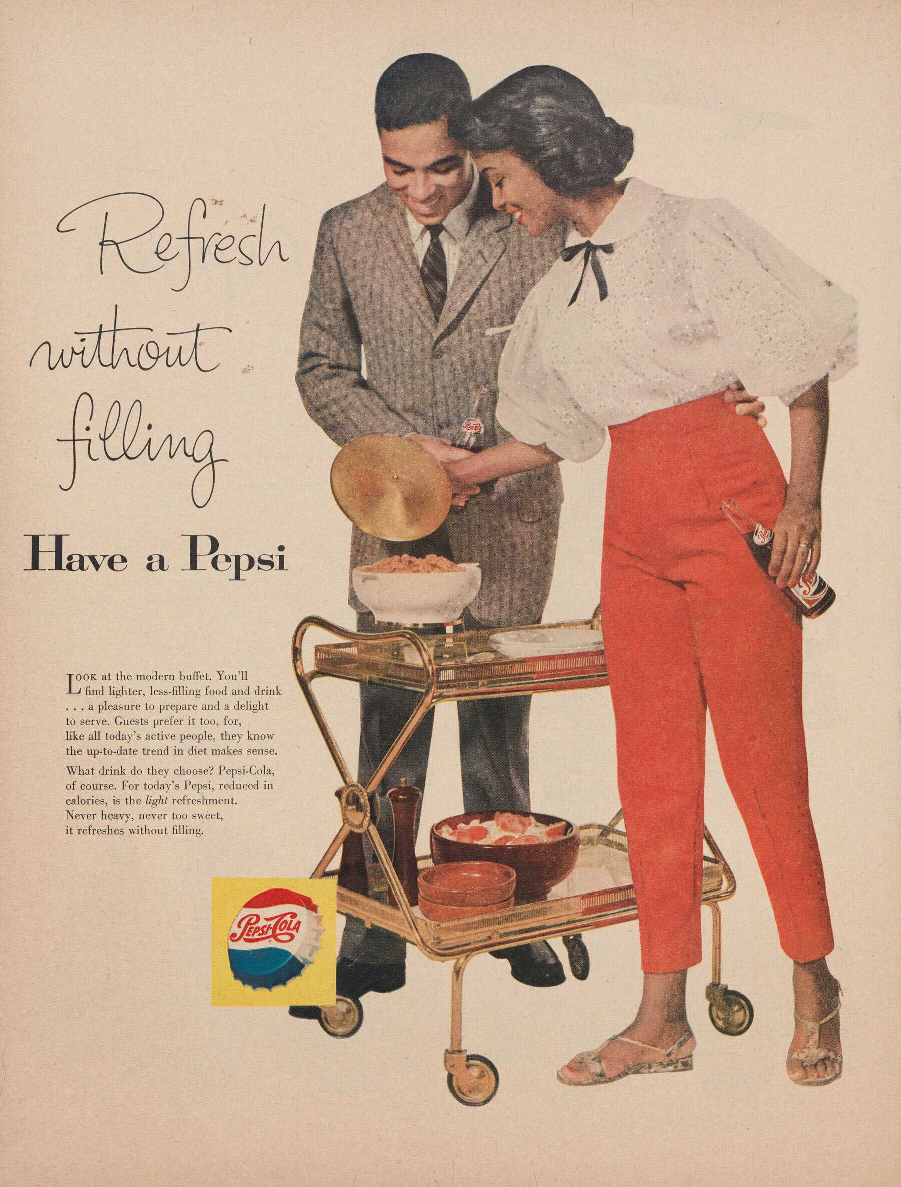 A Pepsi-Cola color advertisement in Ebony magazine with a young, middle-class couple.