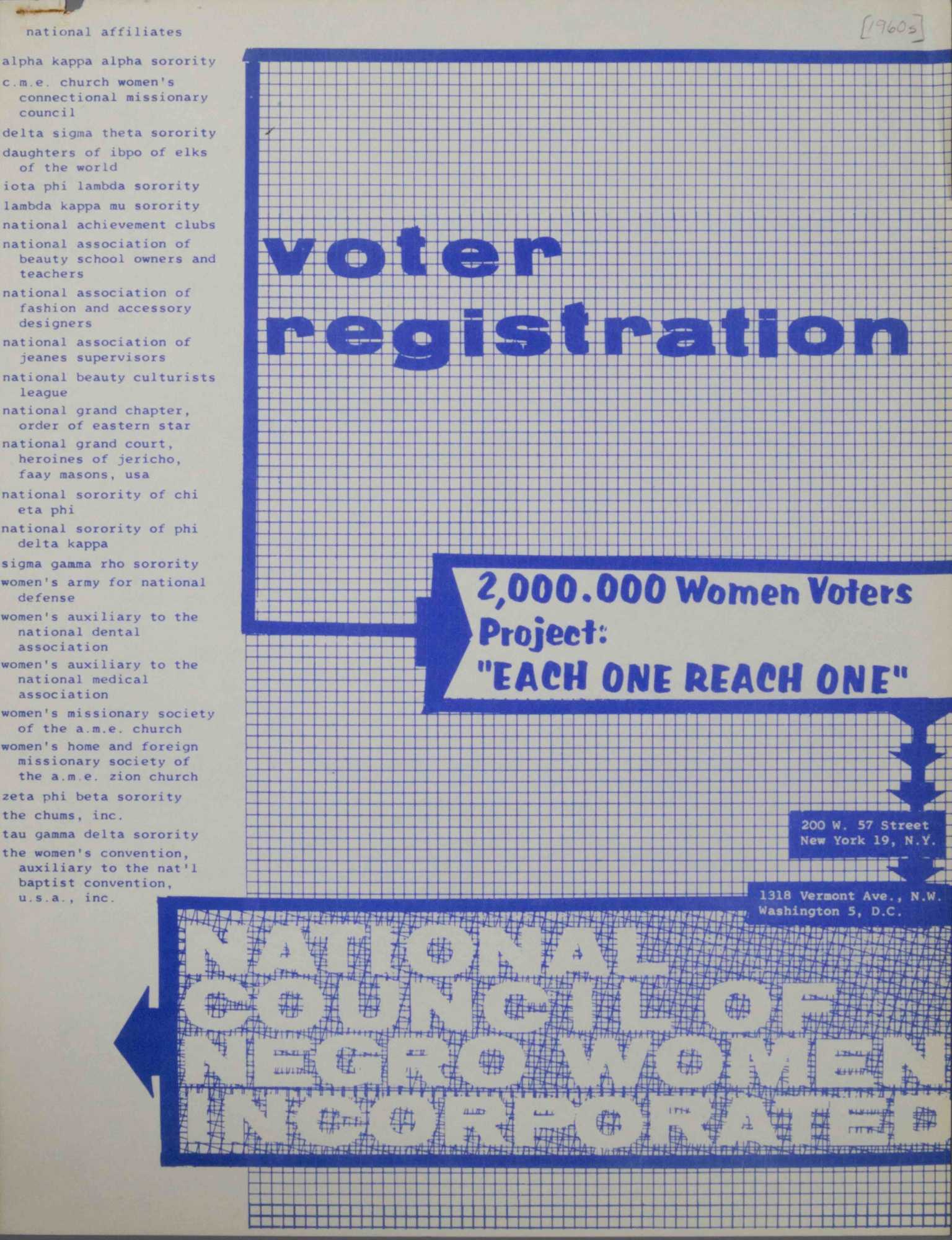 Cover image of Voter Registration: 2,000,000 Women Voters Project, “Each One Reach One,” ca. 1964