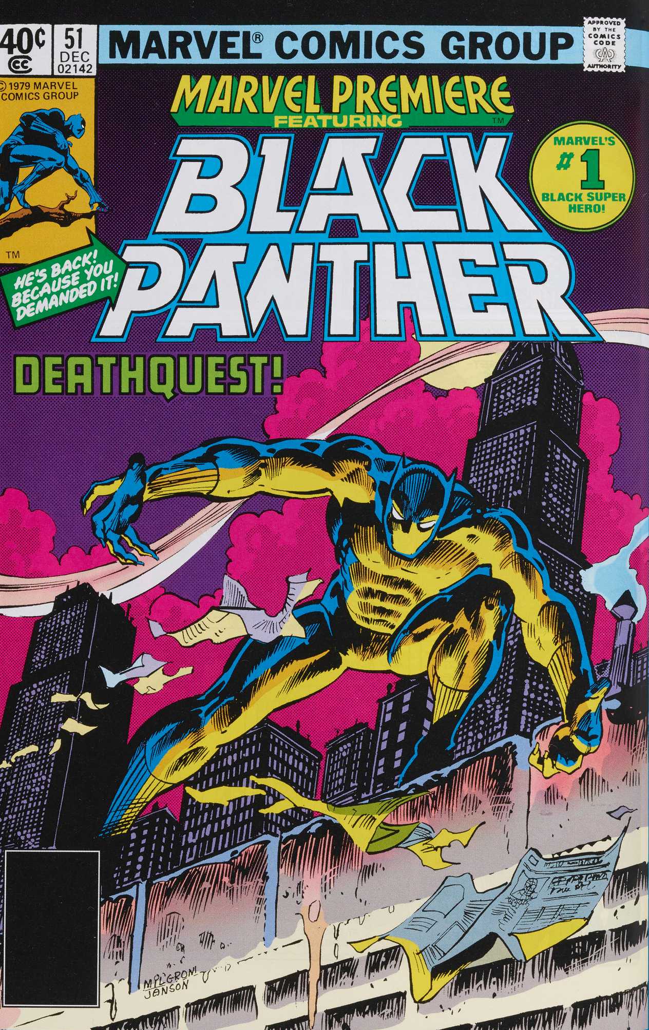 The cover of Black panther leans forward in a powerful action pose against a striking cosmic cityscape.